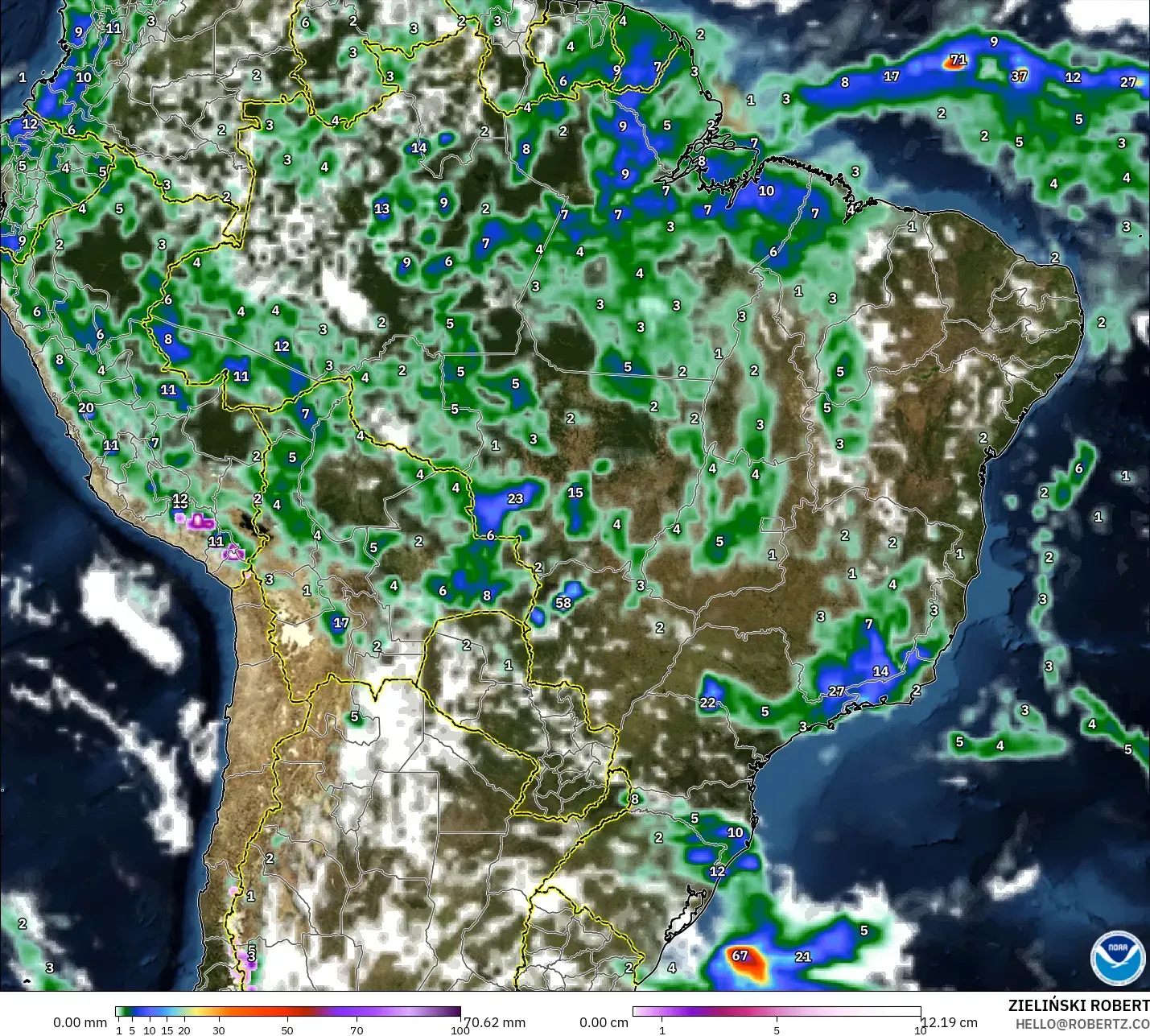 GFS model - Brazil, Precipitation, Clouds, and Pressure