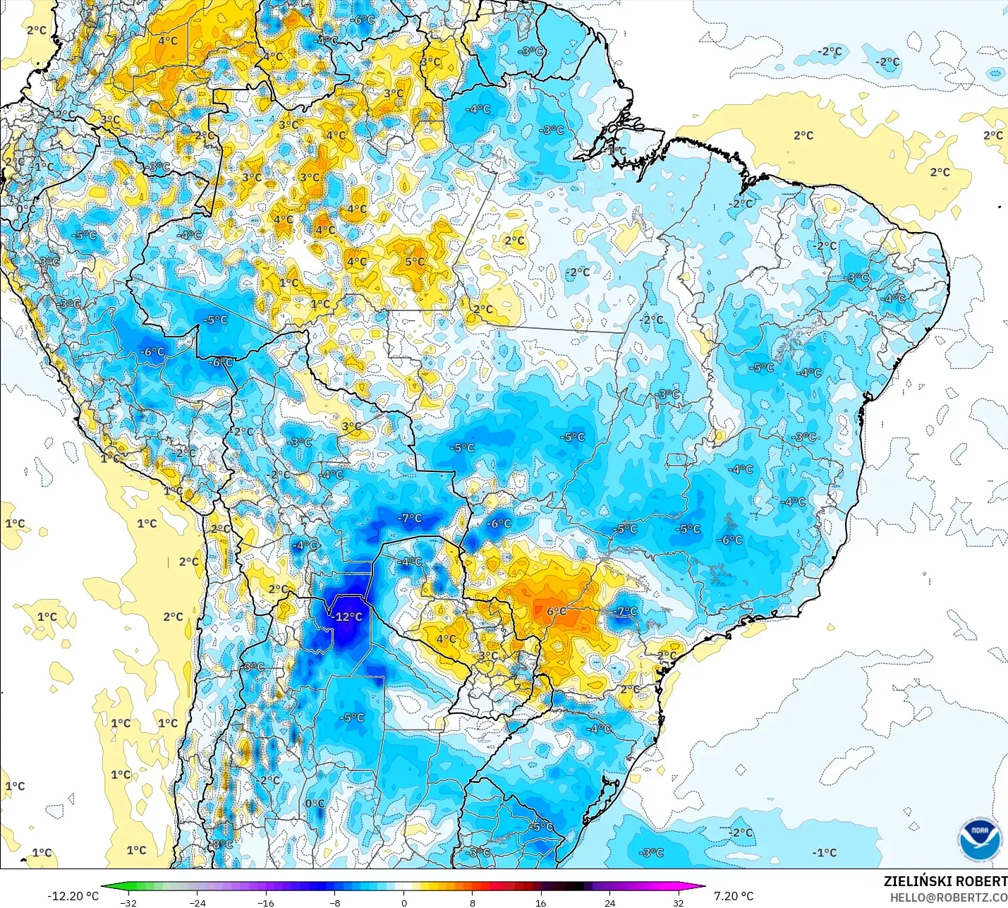 GFS model - Brazil, Temperature at 2m Anomaly