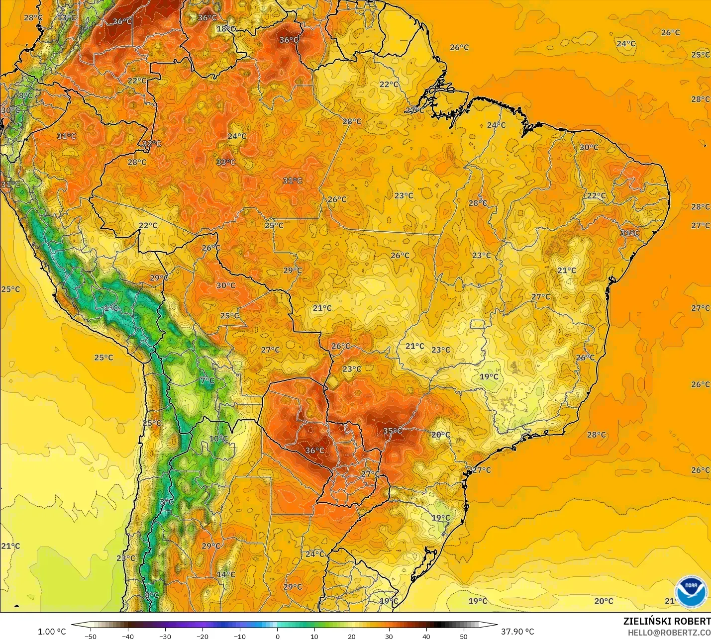 GFS model - Brazil, Temperature at 2m