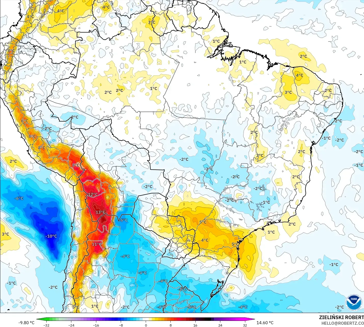 GFS model - Brazil, Temperature at 850hPa Anomaly