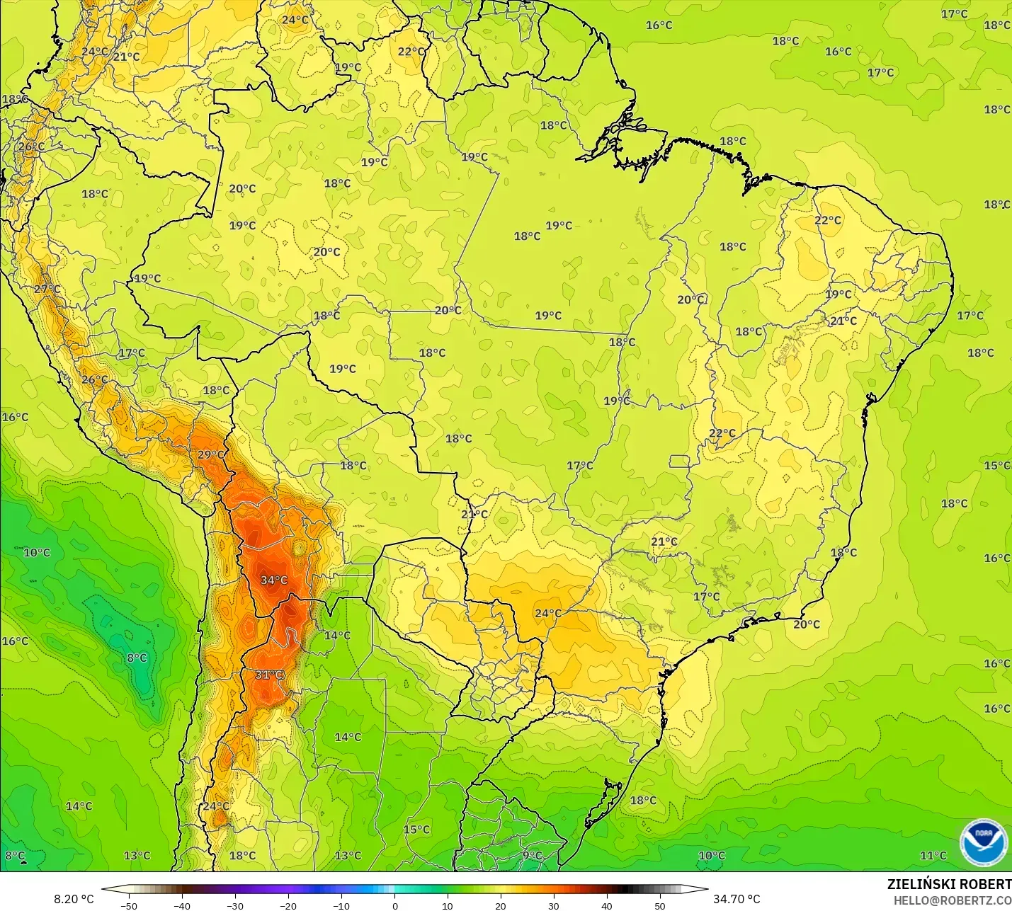 GFS model - Brazil, Temperature at 850hPa