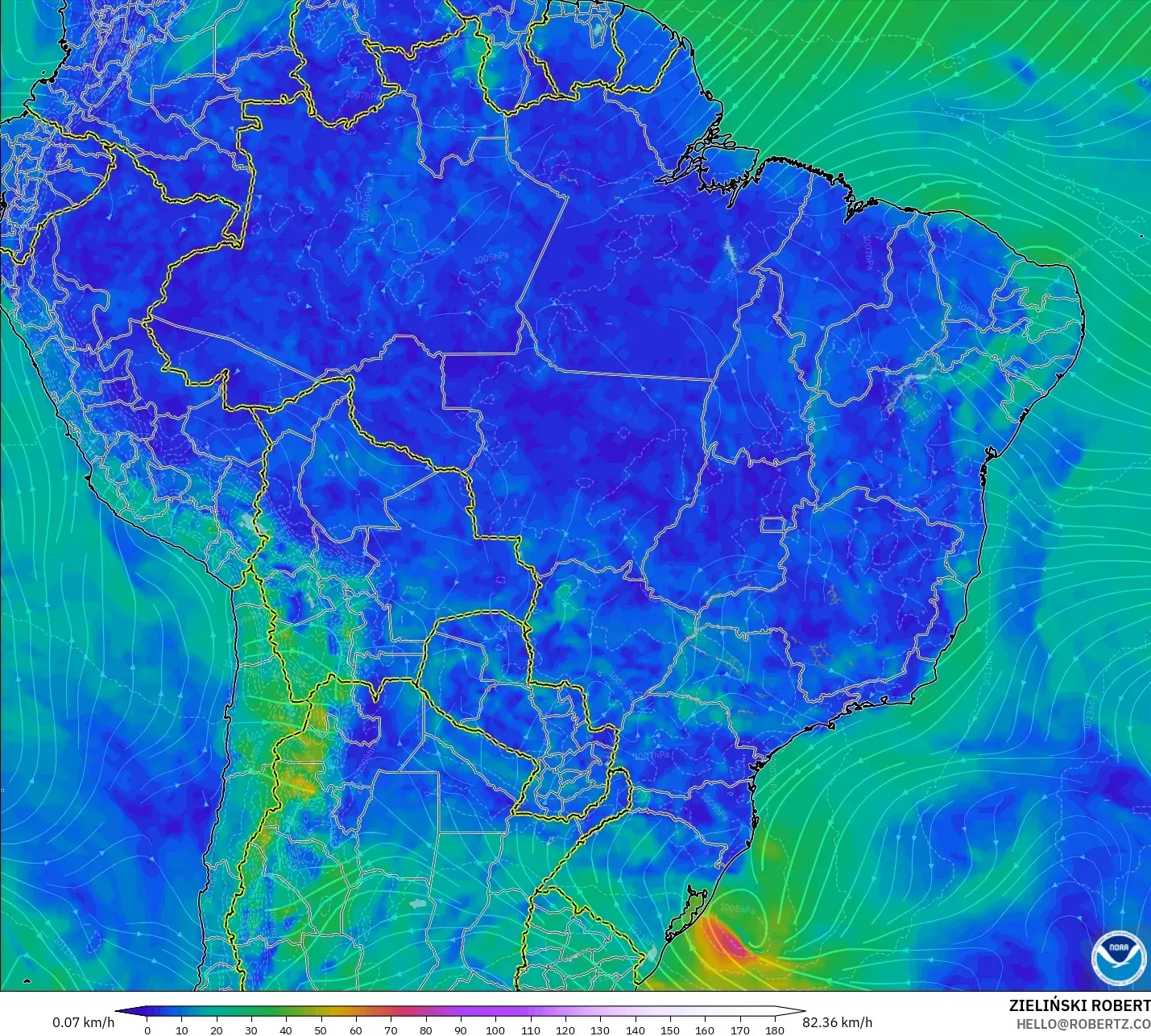 GFS model - Brazil, Wind at 10m
