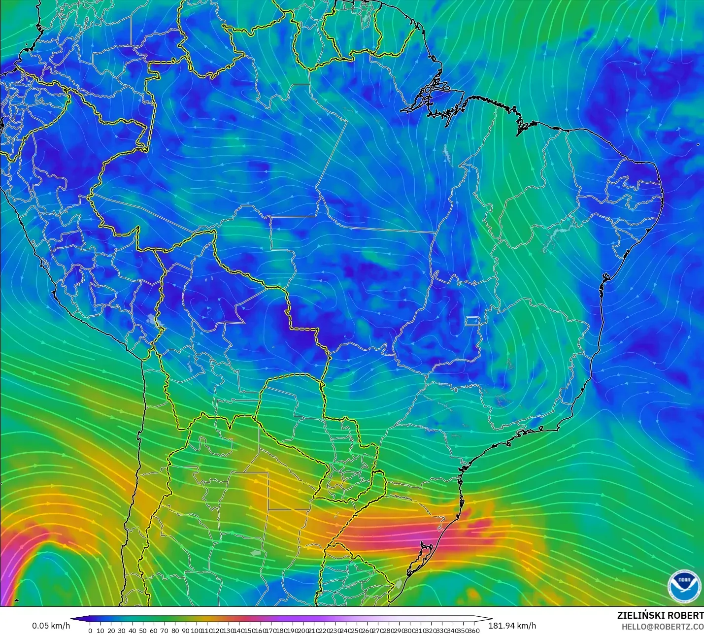 GFS model - Brazil, Wind at 300hPa (jet stream)