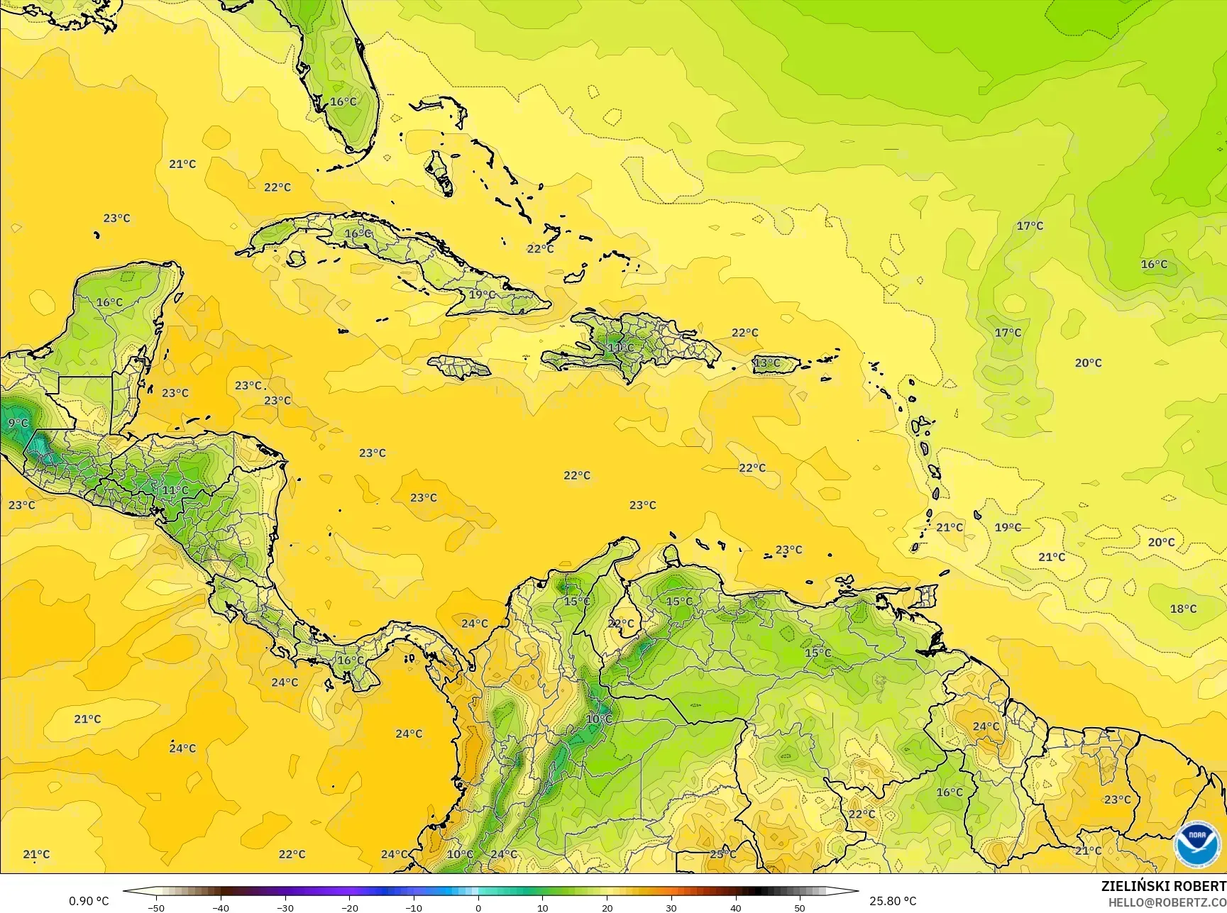GFS model - Caribbean, Dewpoint at 2m