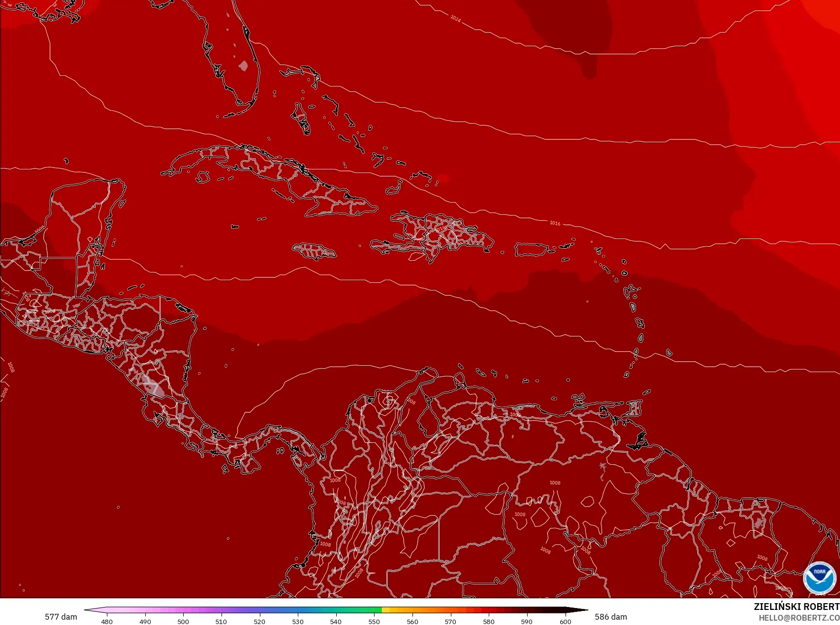 GFS model - Caribbean, Geopotential height at 500hPa