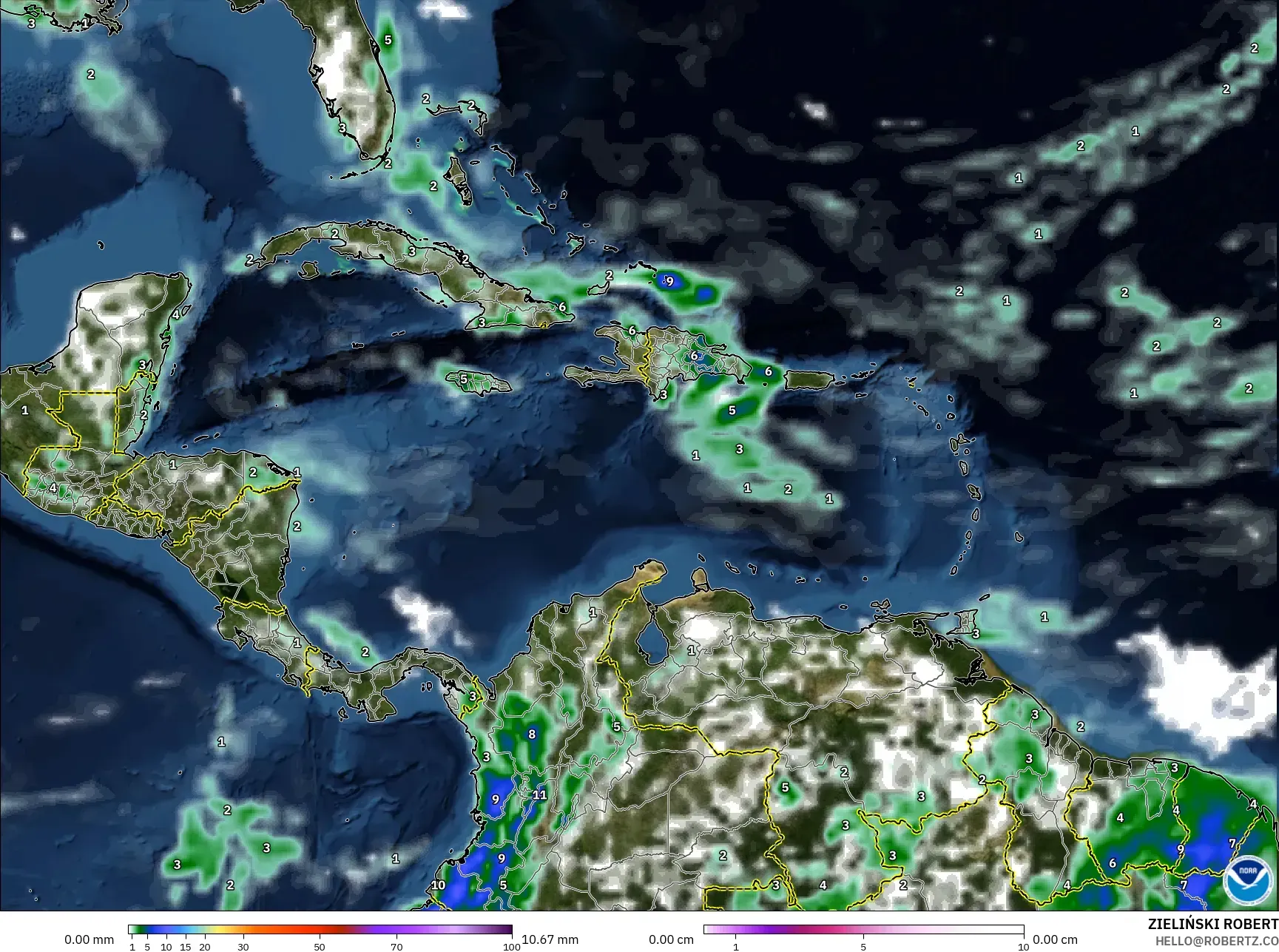 GFS model - Caribbean, Precipitation, Clouds, and Pressure