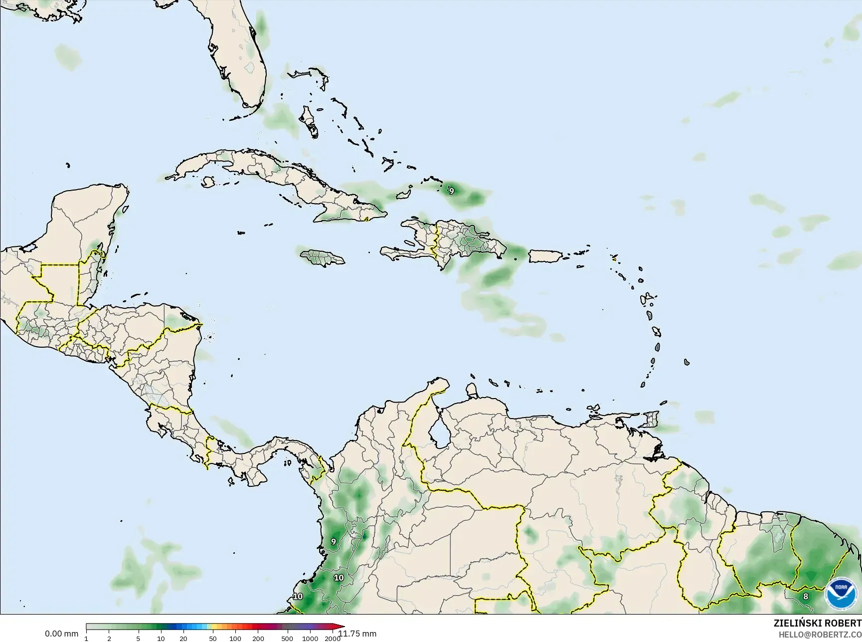 GFS model - Caribbean, Precipitation Accumulation