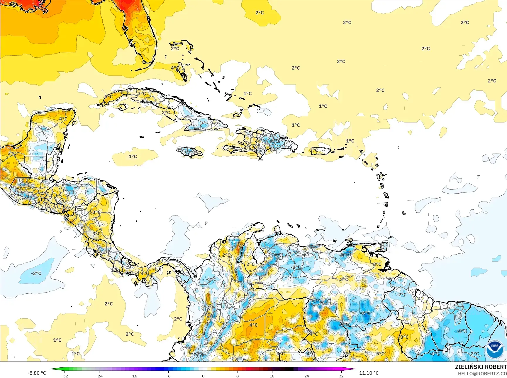 GFS model - Caribbean, Temperature at 2m Anomaly