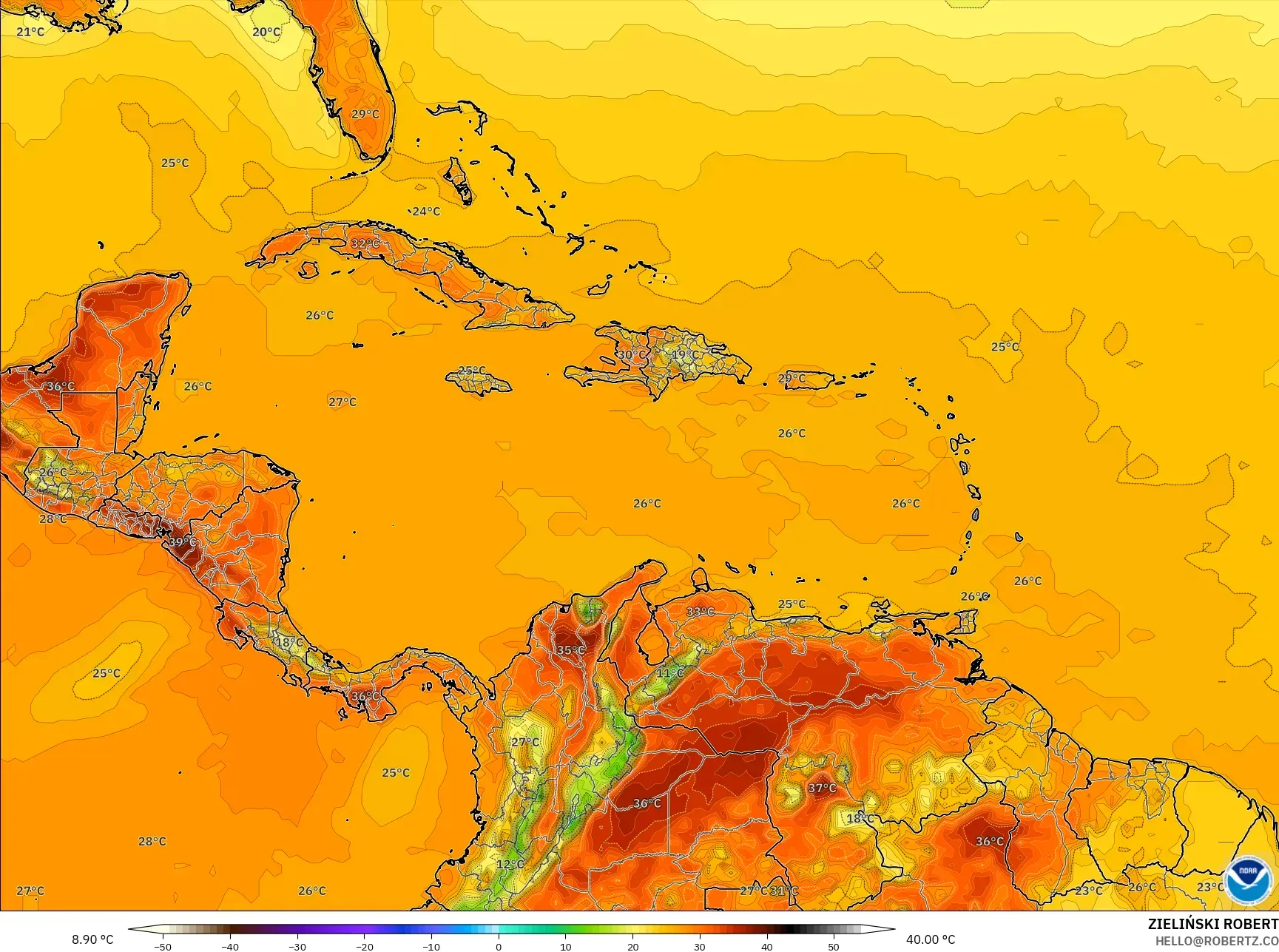 GFS model - Caribbean, Temperature at 2m