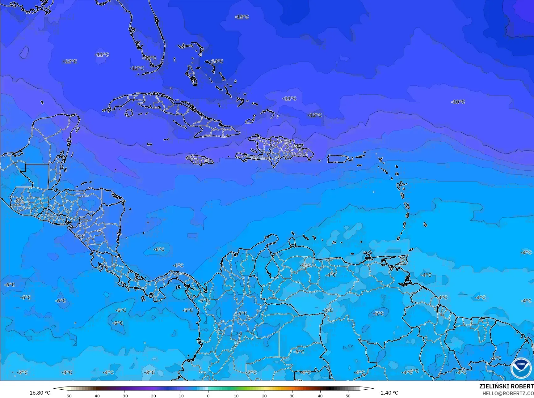 GFS model - Caribbean, Temperature at 500hPa