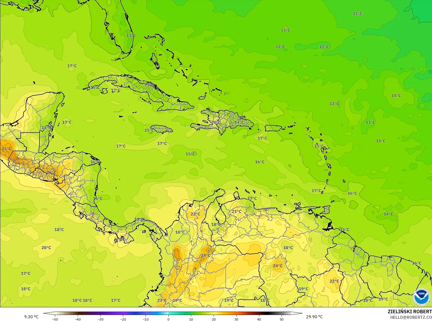 GFS model - Caribbean, Temperature at 850hPa