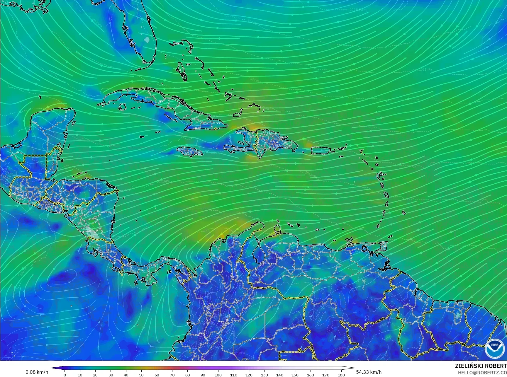GFS model - Caribbean, Wind at 10m