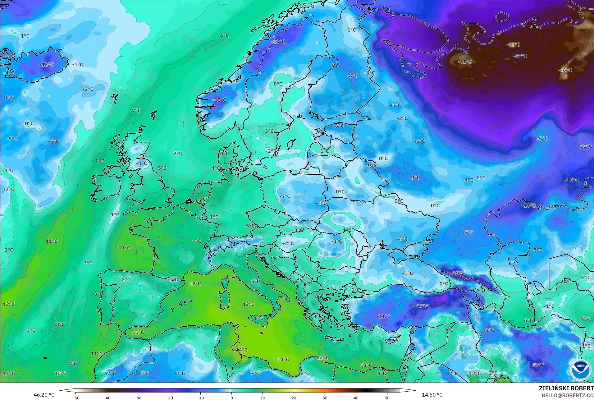 GFS model - Europe, Dewpoint at 2m