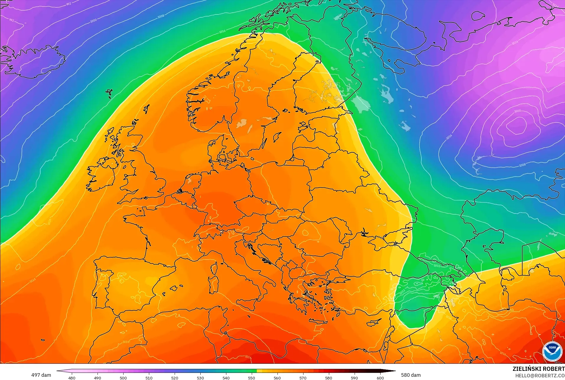 GFS model - Europe, Geopotential height at 500hPa