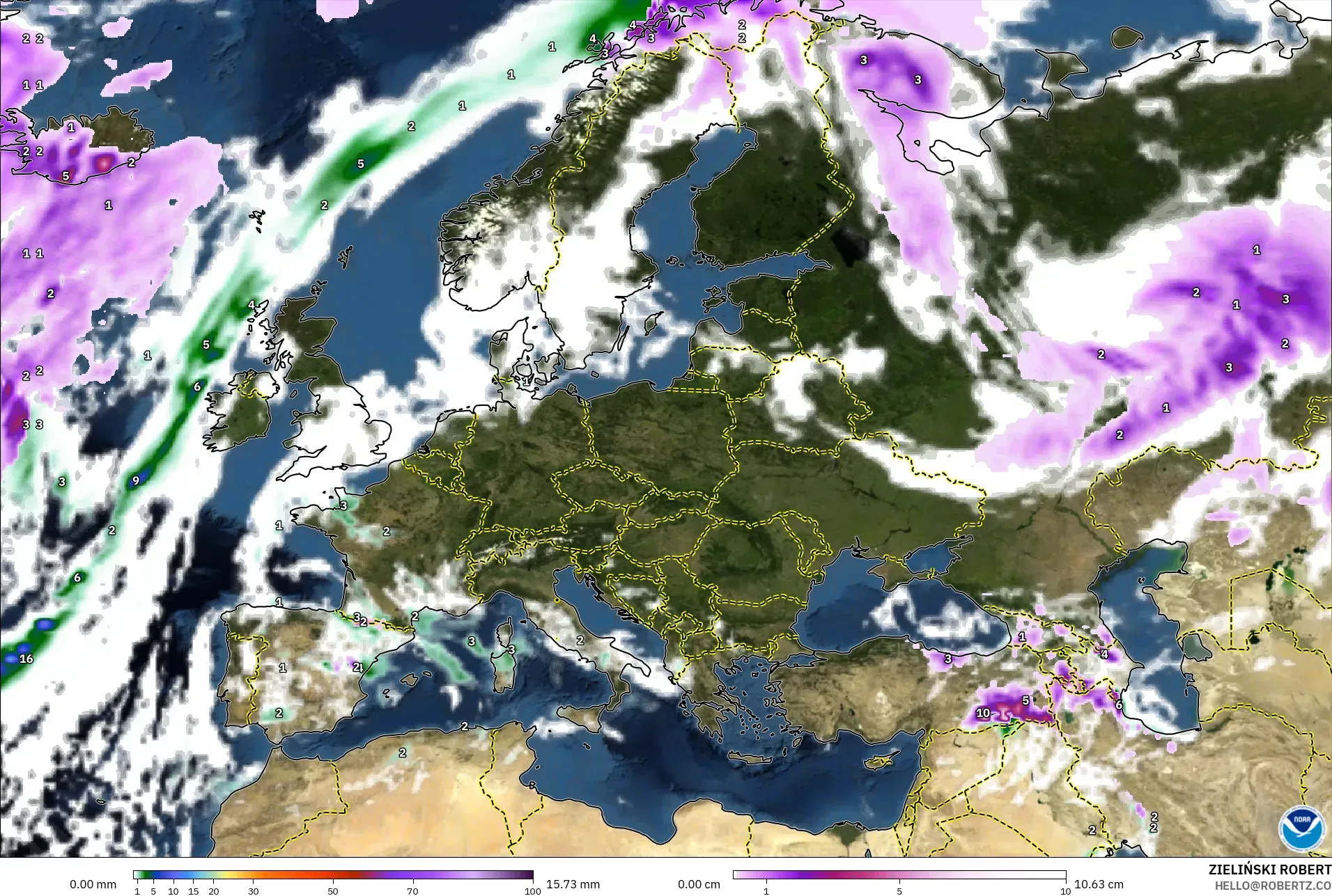 GFS model - Europe, Precipitation, Clouds, and Pressure