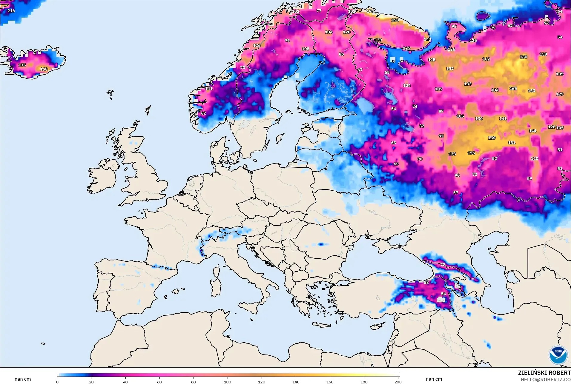 GFS model - Europe, Snow Depth