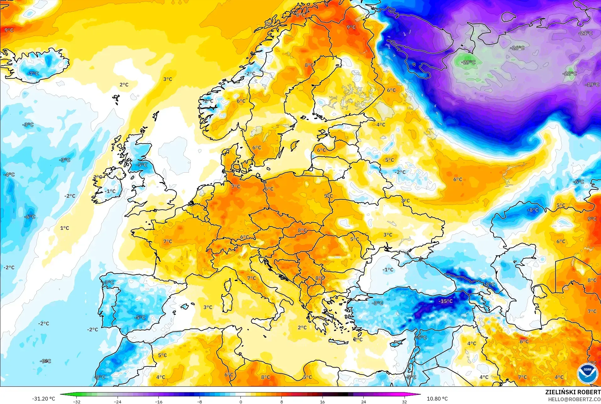 GFS model - Europe, Temperature at 2m Anomaly