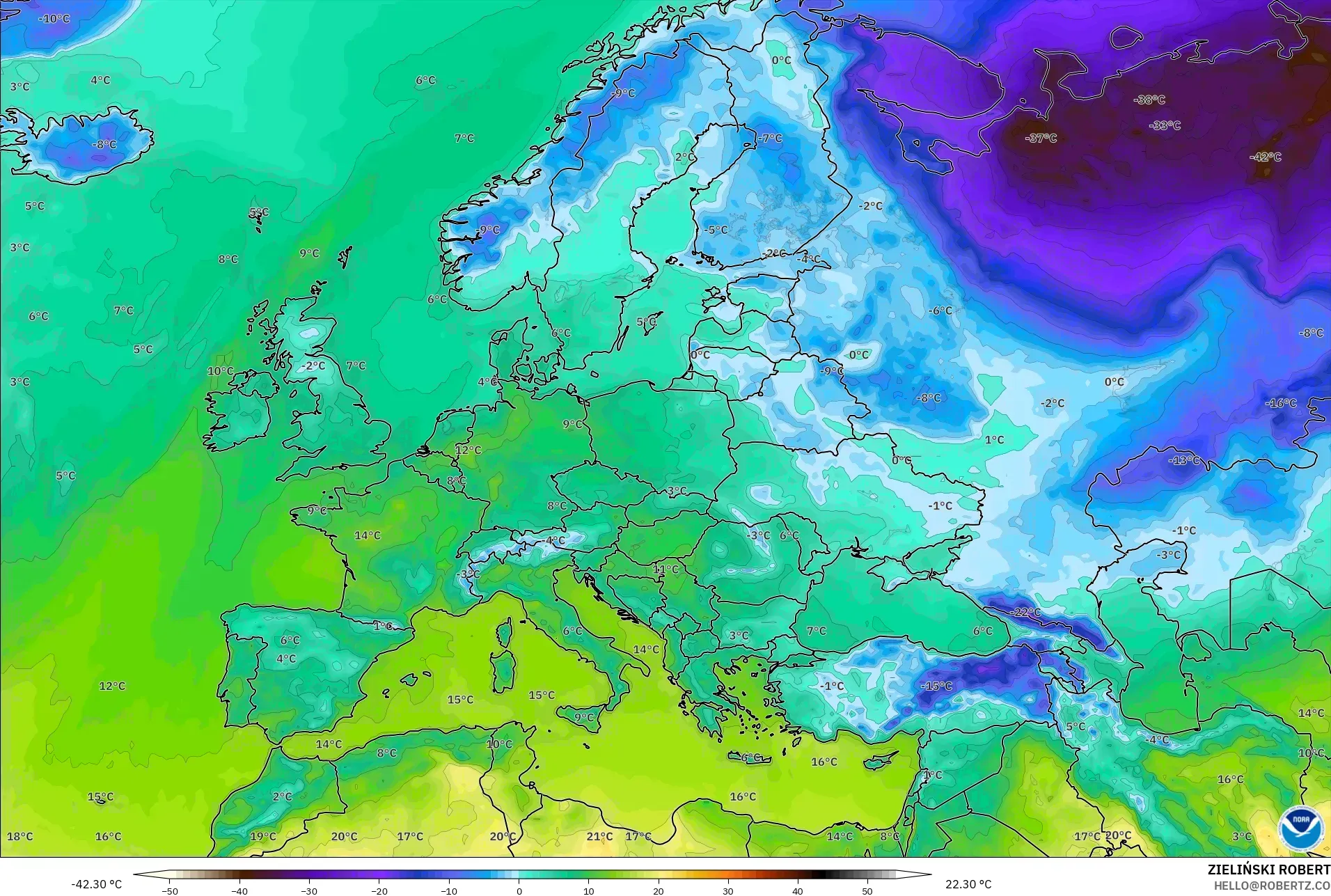 GFS model - Europe, Temperature at 2m