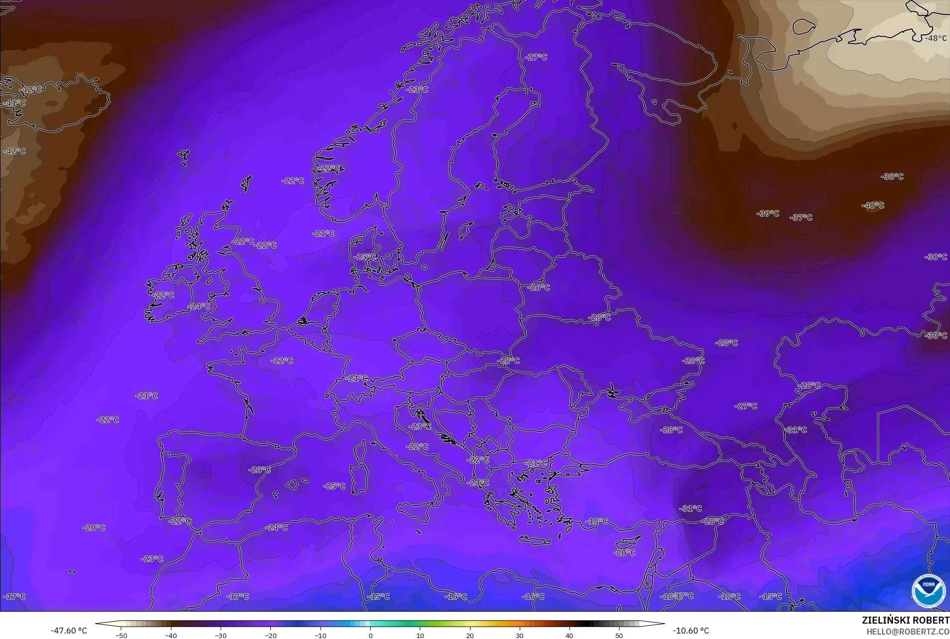 GFS model - Europe, Temperature at 500hPa