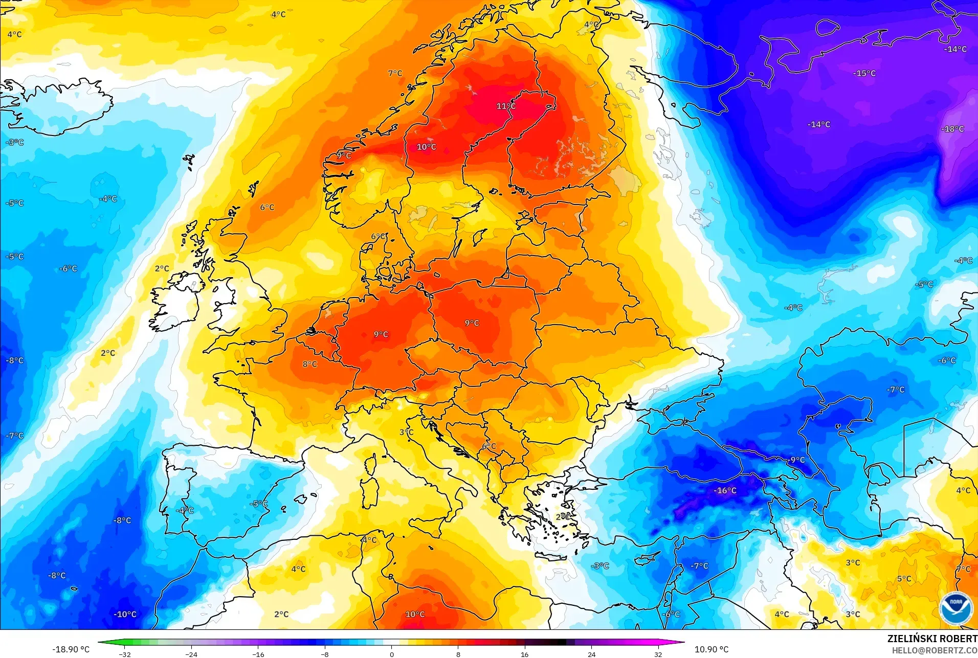 GFS model - Europe, Temperature at 850hPa Anomaly