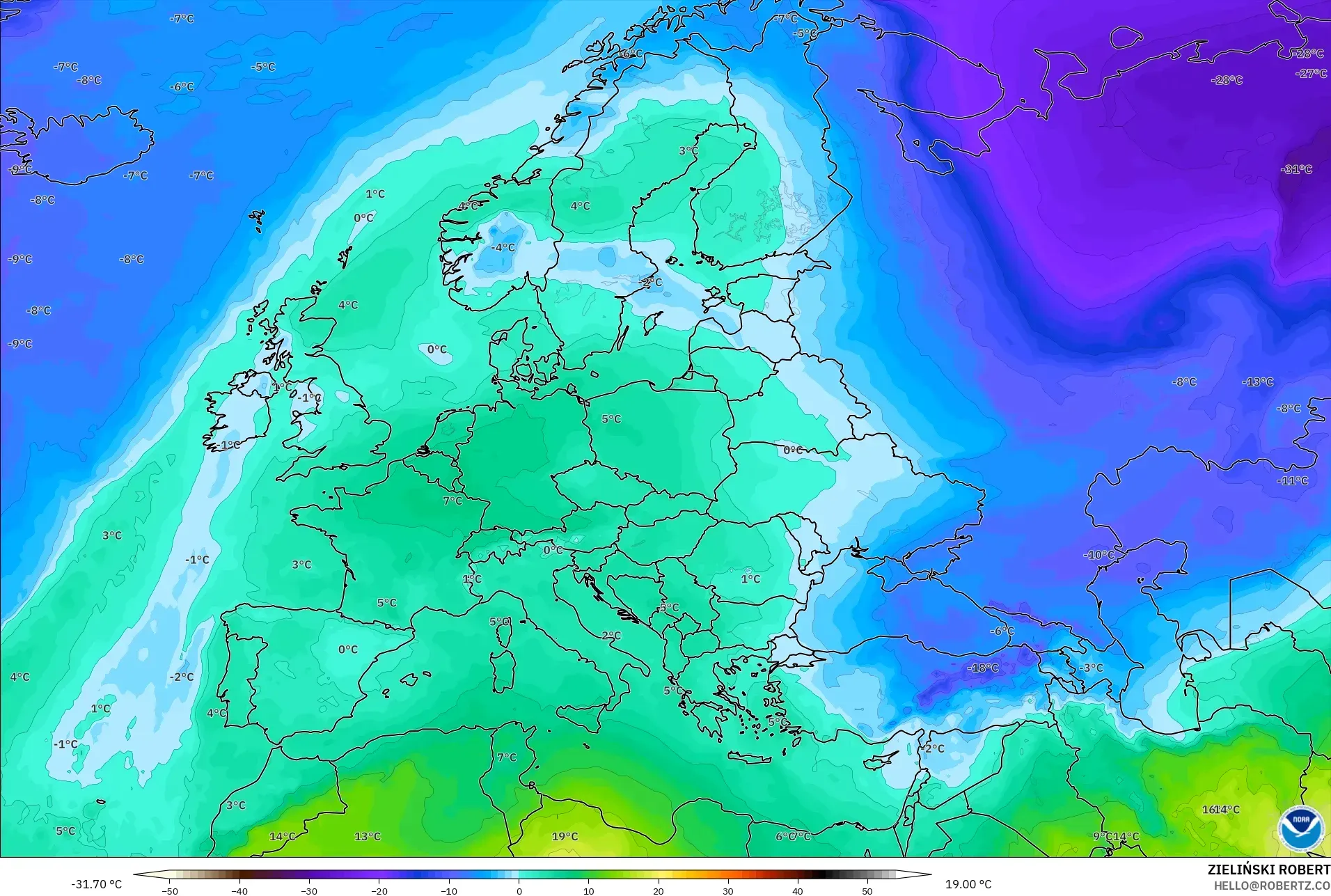 GFS model - Europe, Temperature at 850hPa