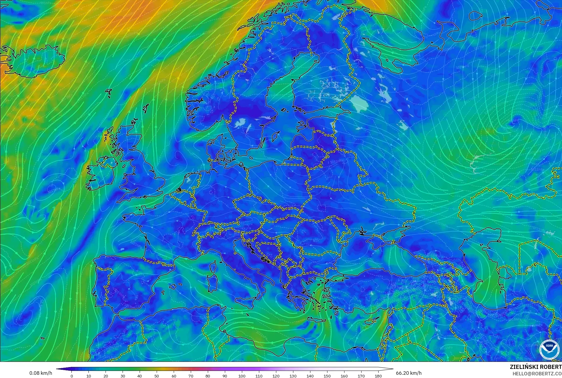 GFS model - Europe, Wind at 10m