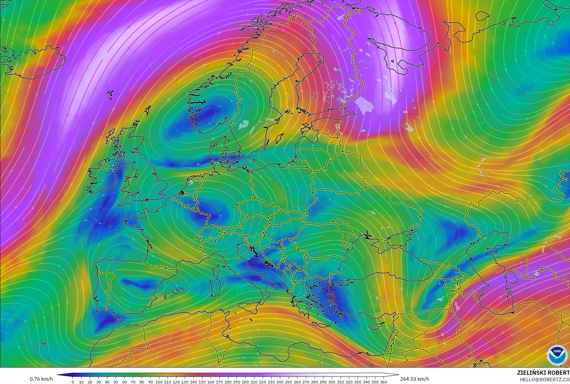 GFS model - Europe, Wind at 300hPa (jet stream)