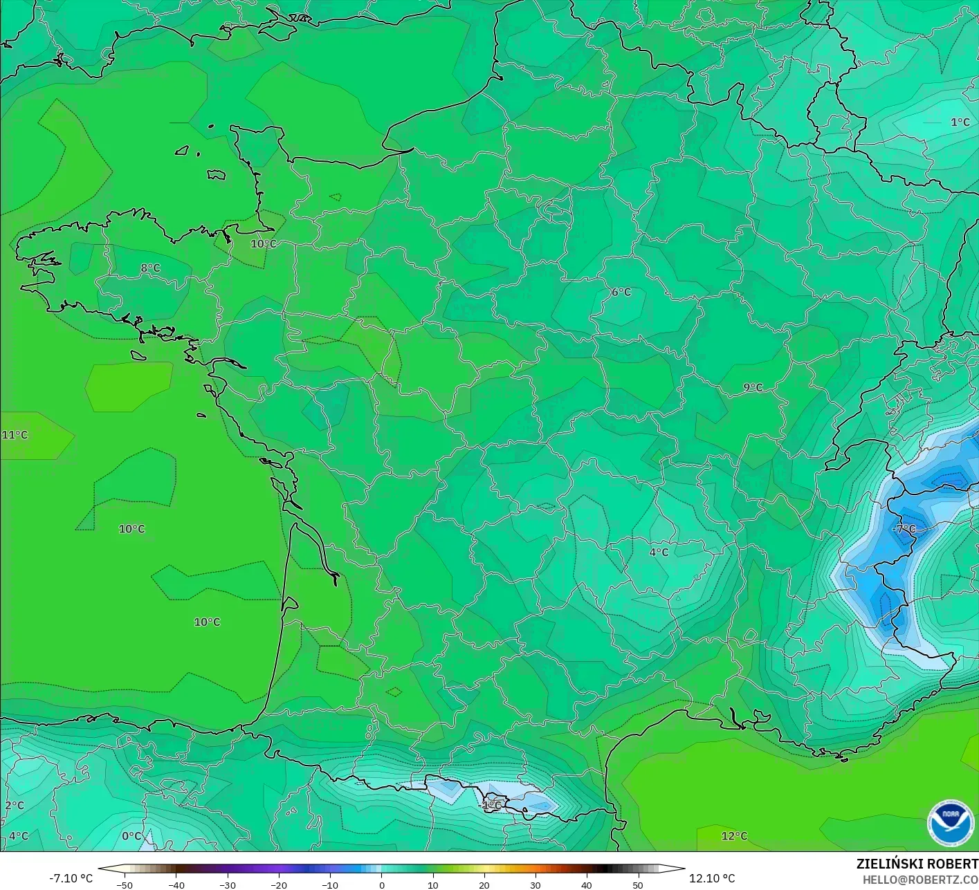 GFS model - France, Dewpoint at 2m
