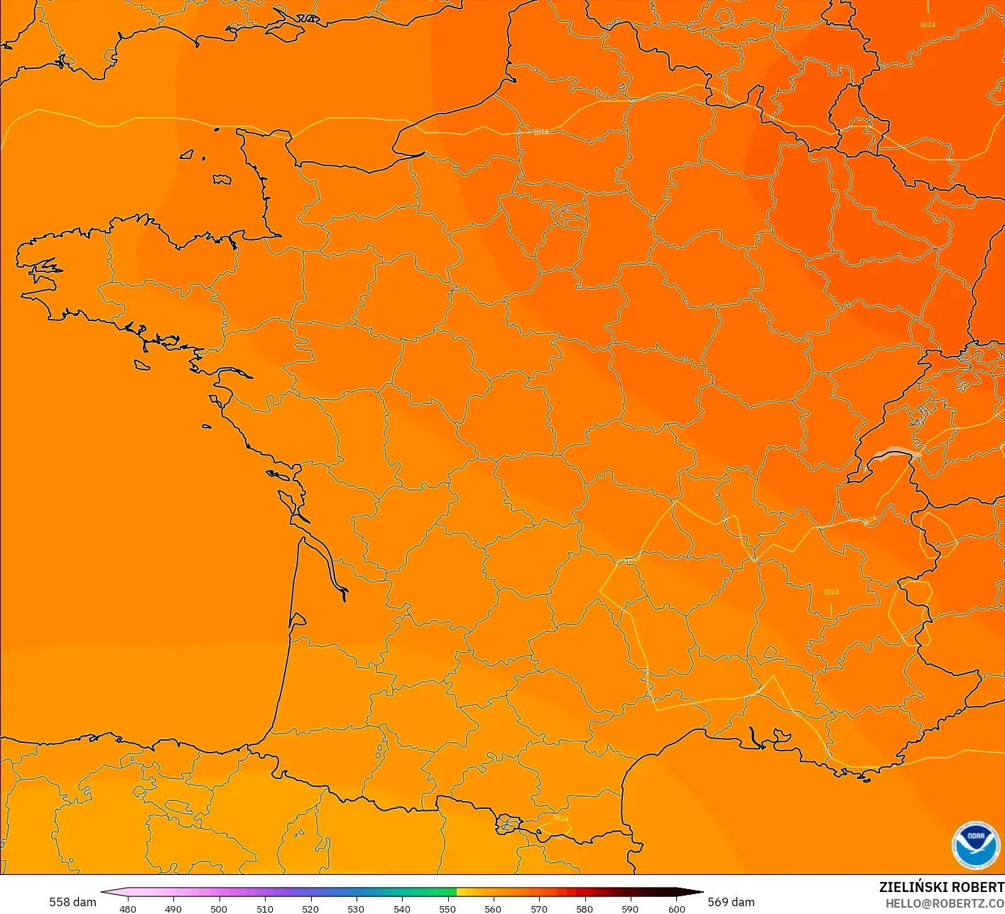 GFS model - France, Geopotential height at 500hPa