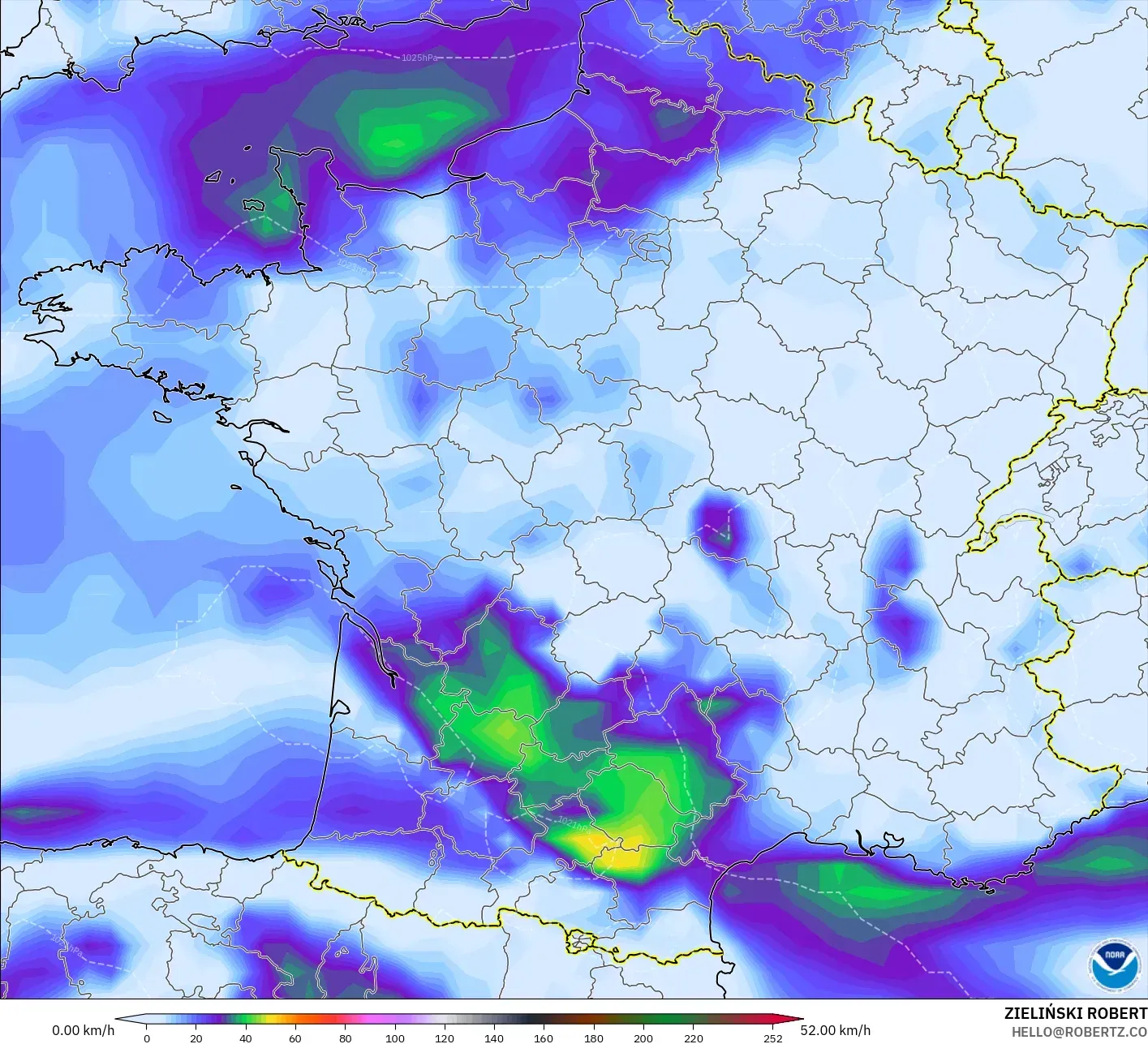 GFS model - France, Wind Gusts Peak