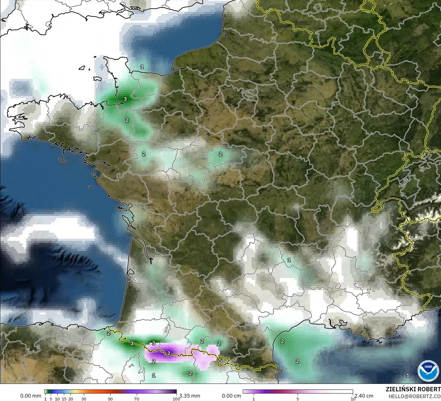 GFS model - France, Precipitation, Clouds, and Pressure