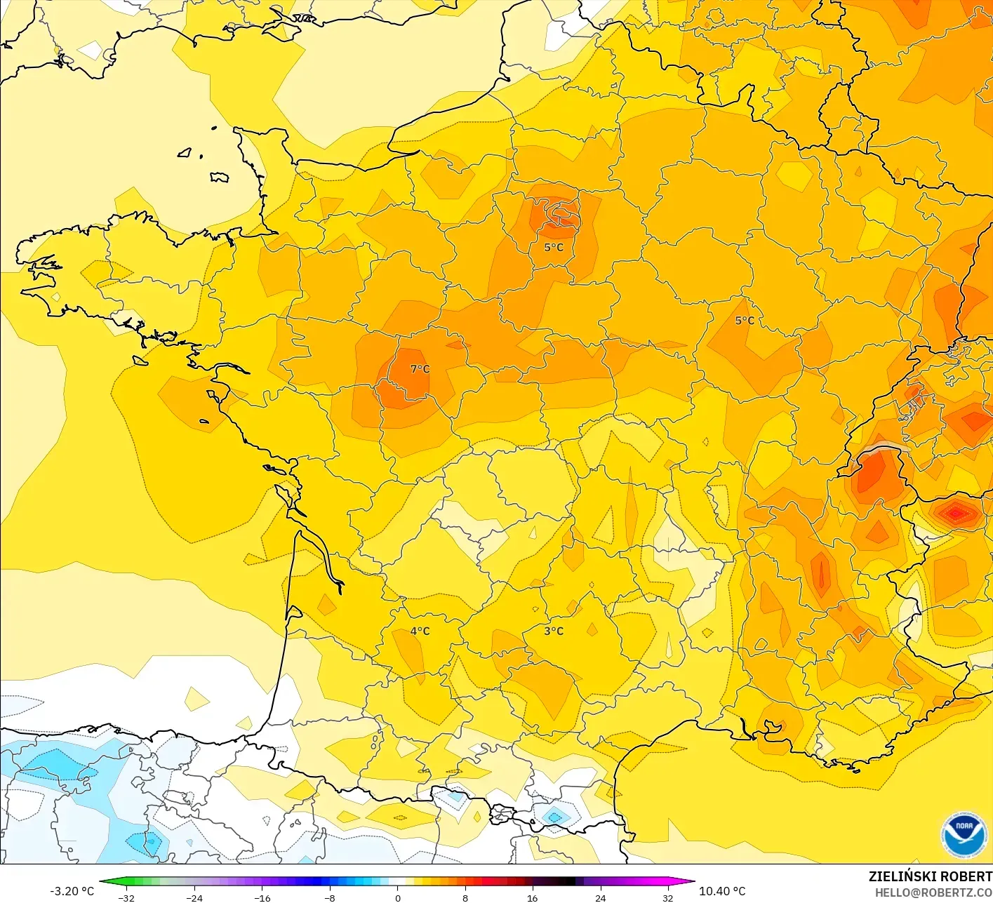 GFS model - France, Temperature at 2m Anomaly