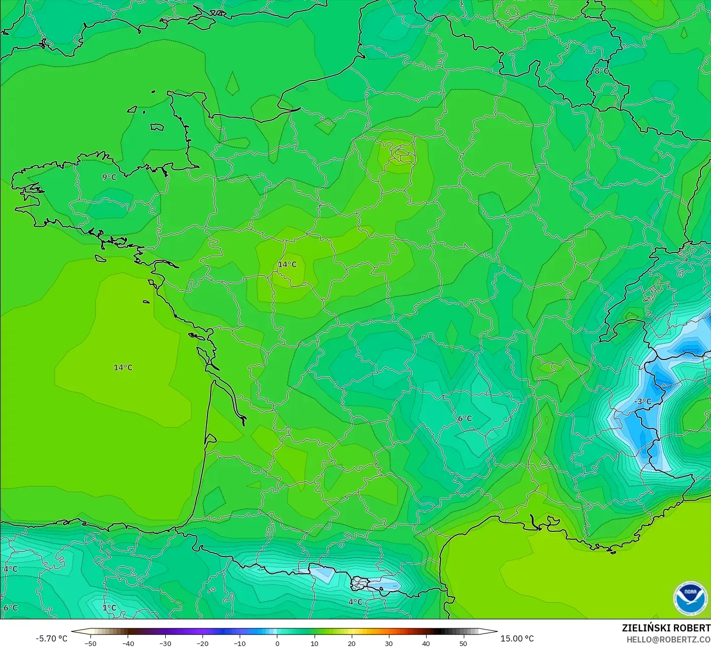 GFS model - France, Temperature at 2m