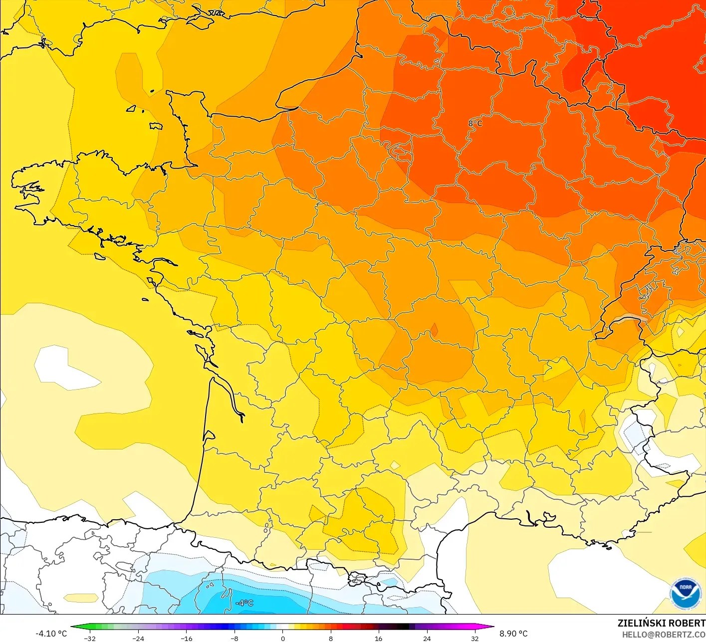 GFS model - France, Temperature at 850hPa Anomaly