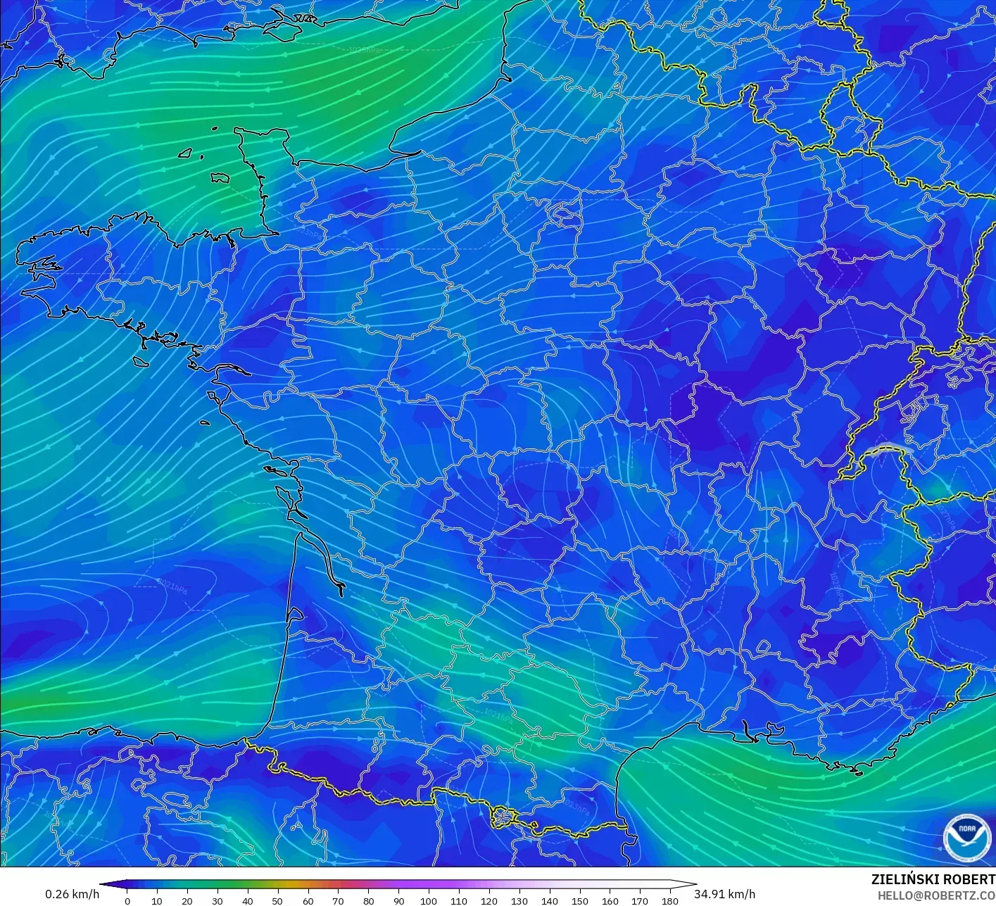 GFS model - France, Wind at 10m