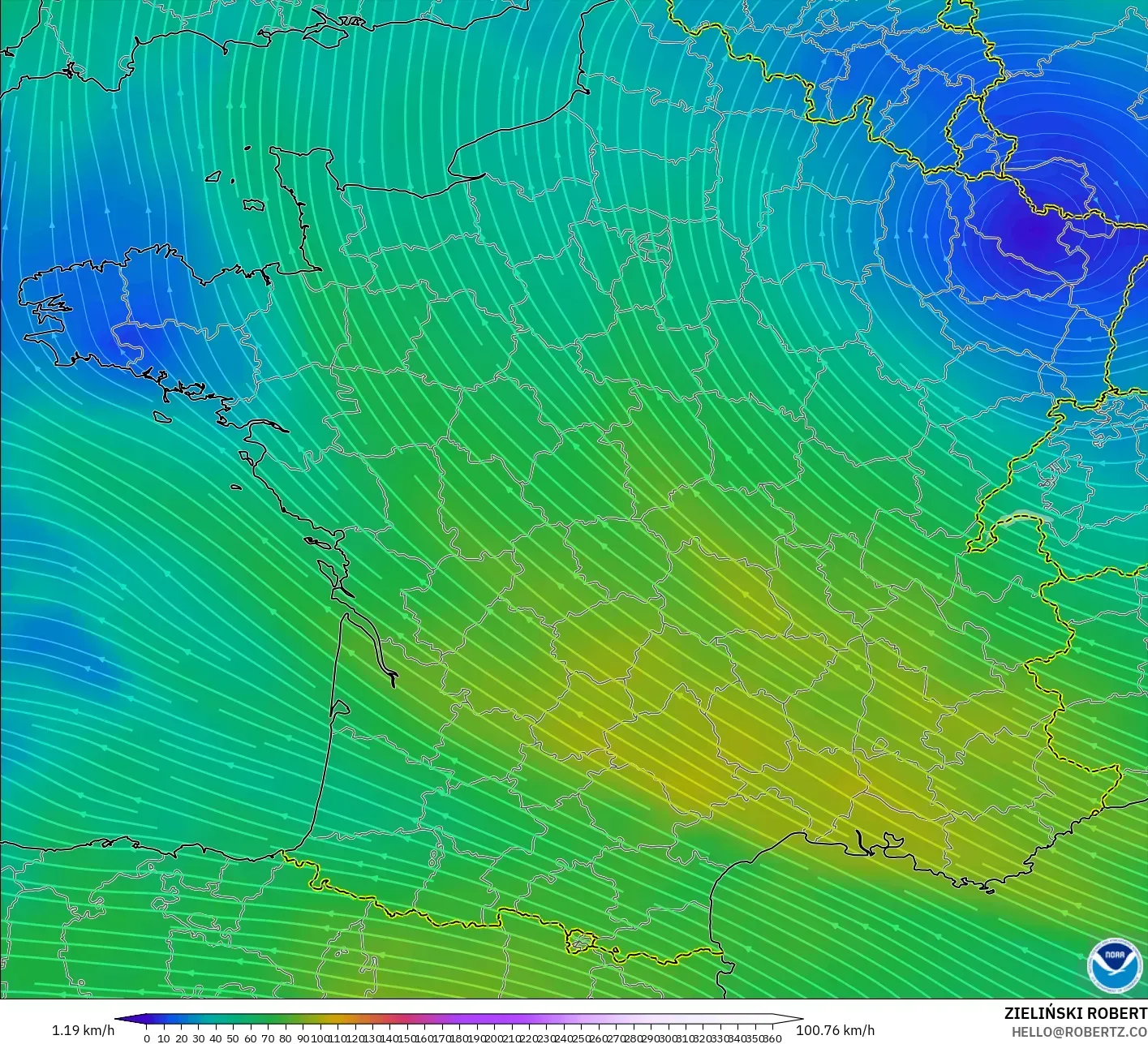 GFS model - France, Wind at 300hPa (jet stream)