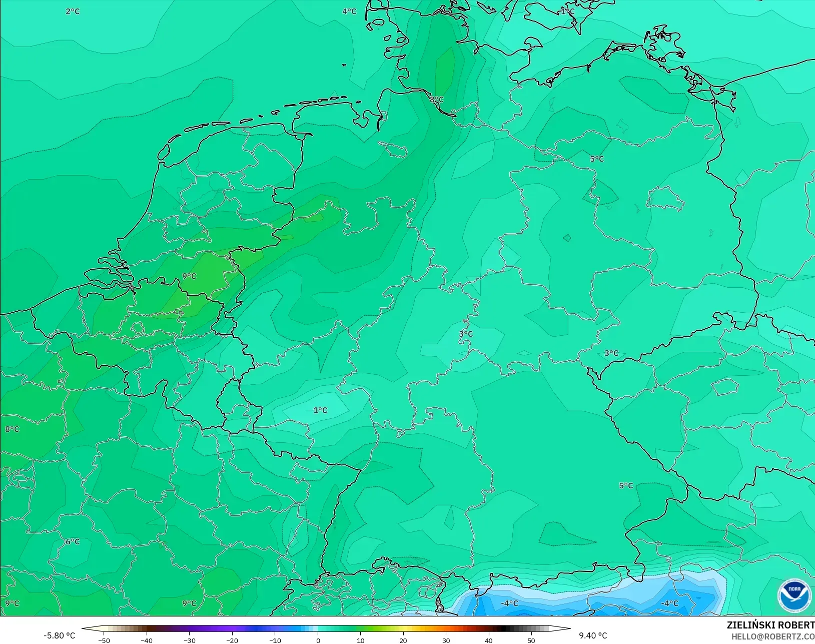 GFS model - Germany, Dewpoint at 2m