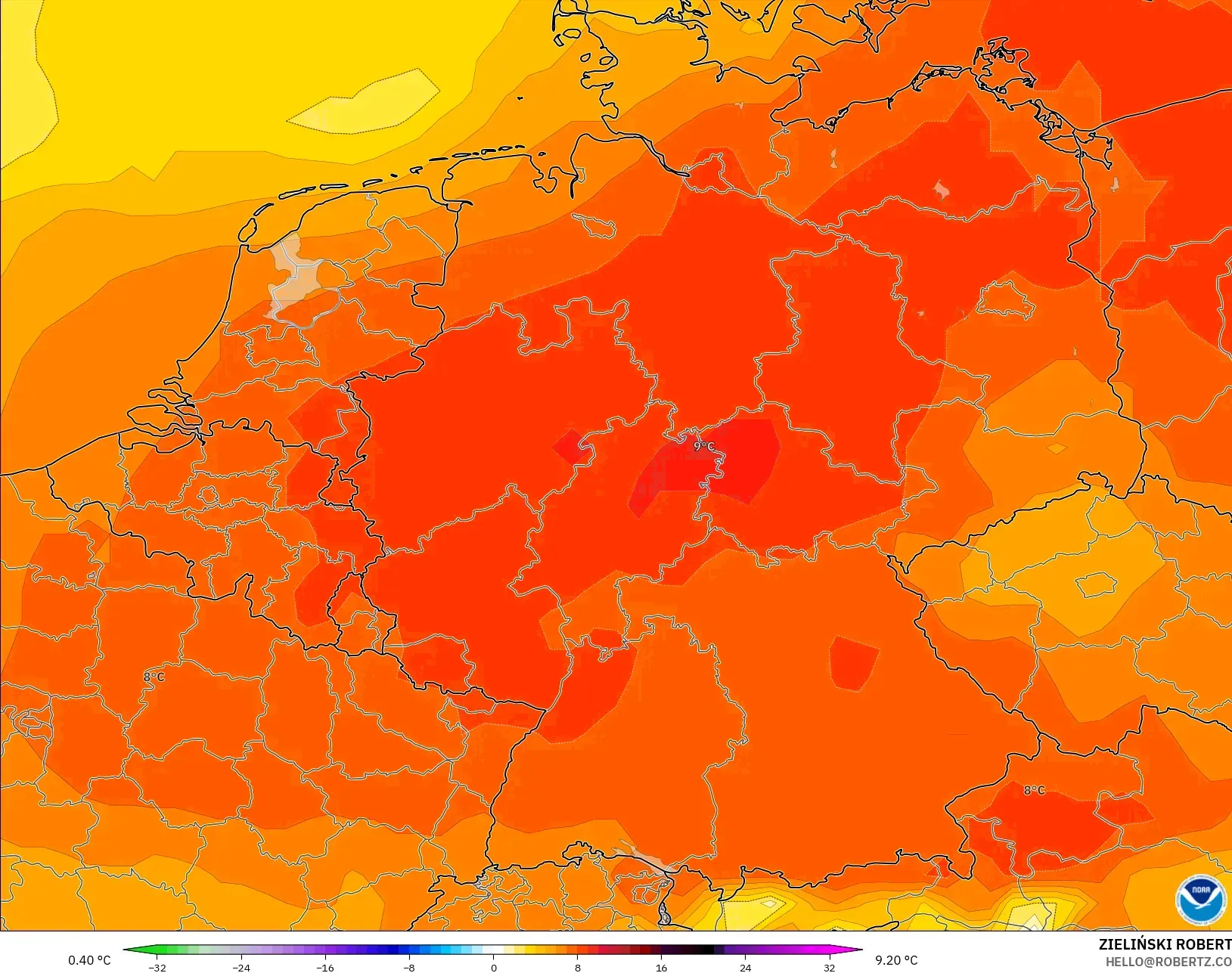 GFS model - Germany, Temperature at 850hPa Anomaly