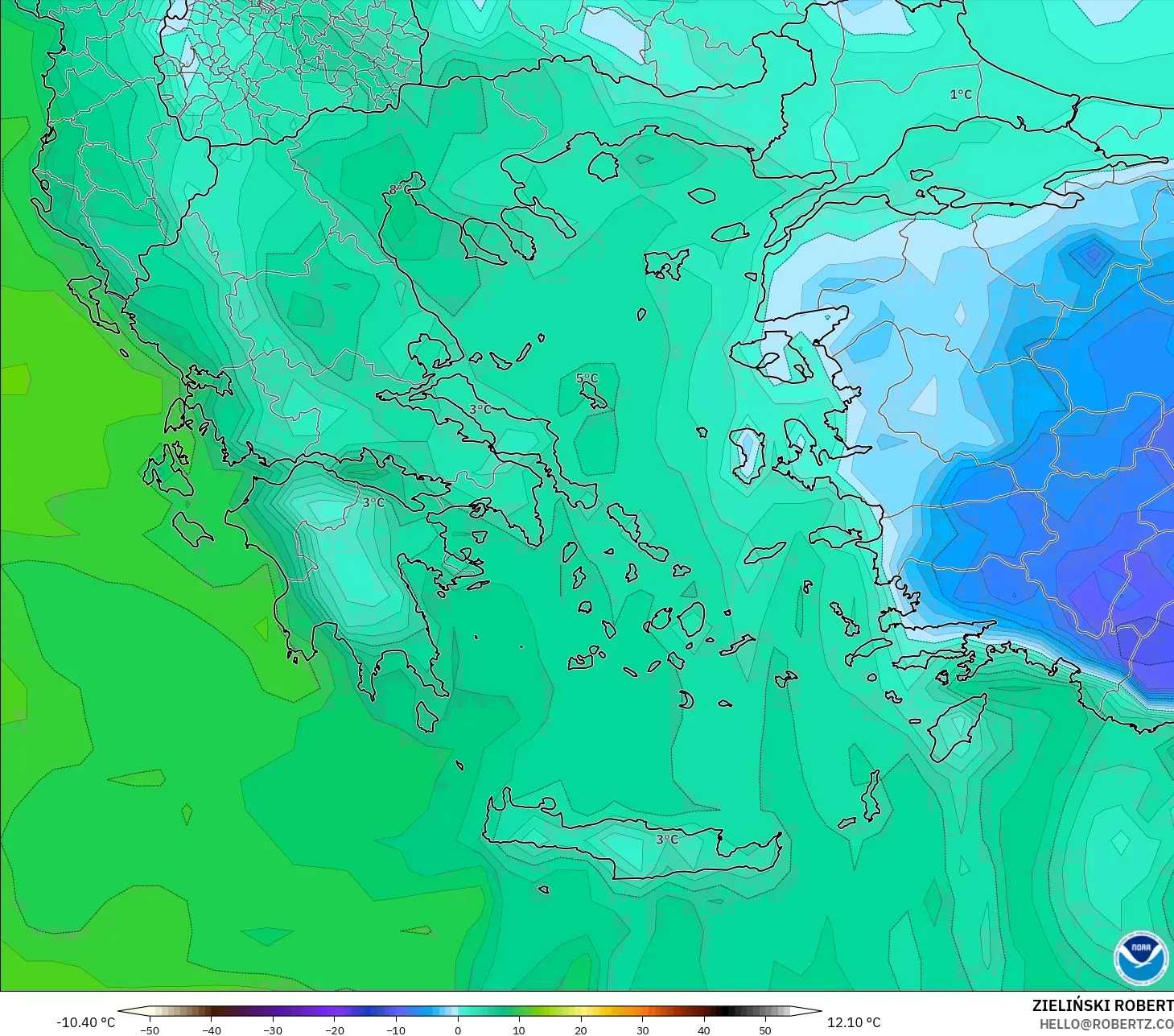 GFS model - Greece, Dewpoint at 2m