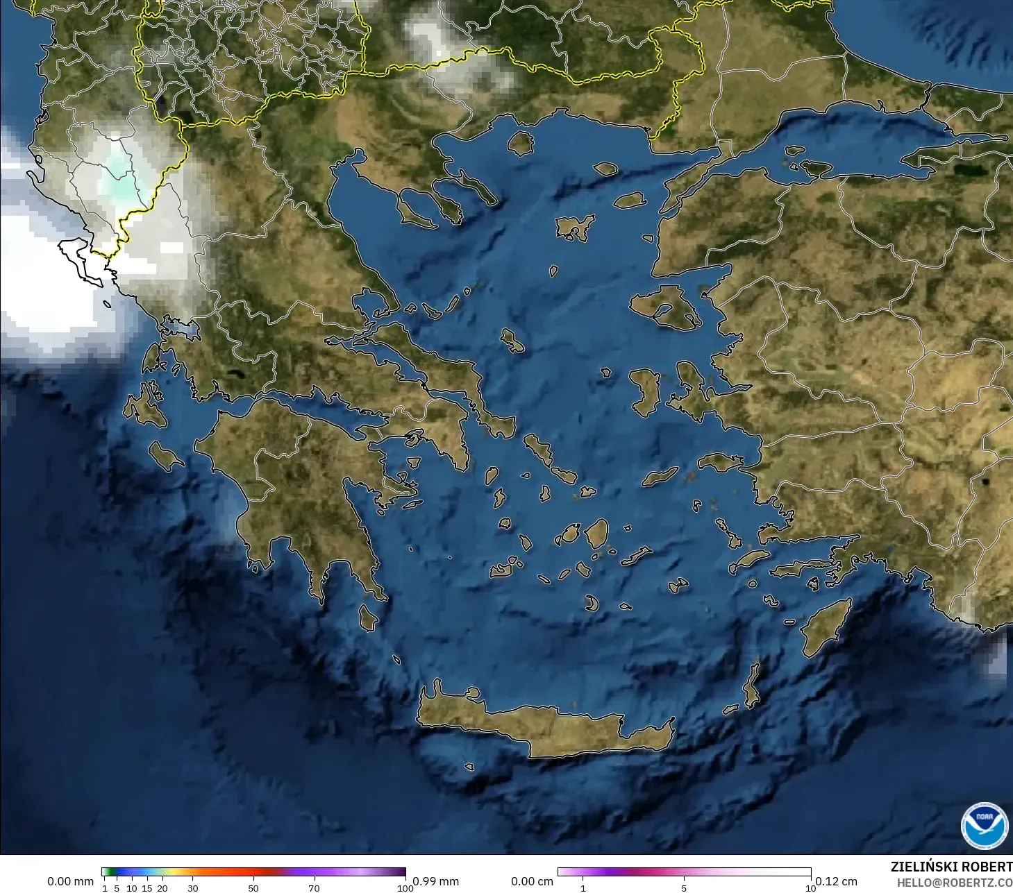 GFS model - Greece, Precipitation, Clouds, and Pressure