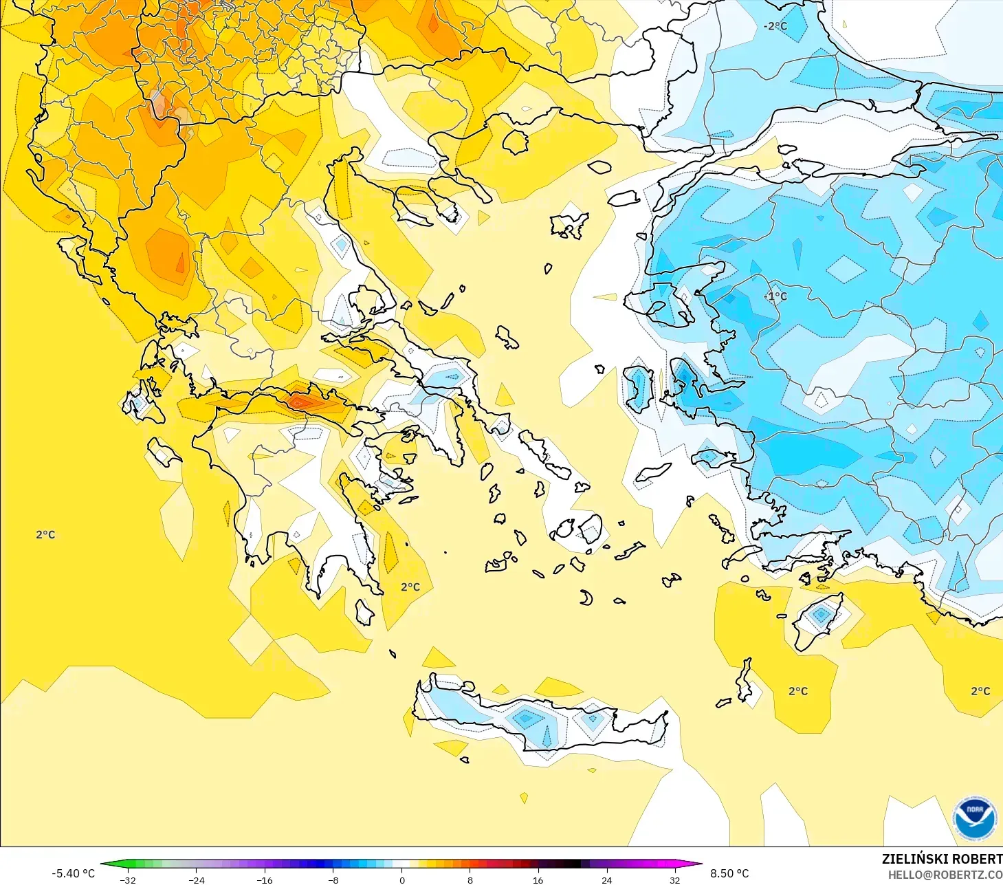 GFS model - Greece, Temperature at 2m Anomaly