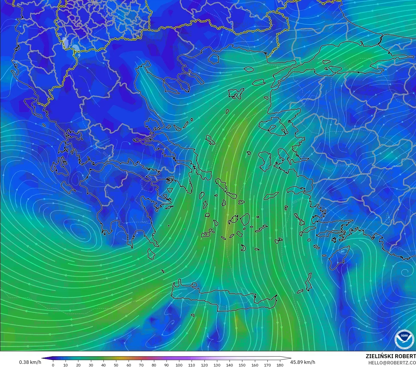 GFS model - Greece, Wind at 10m