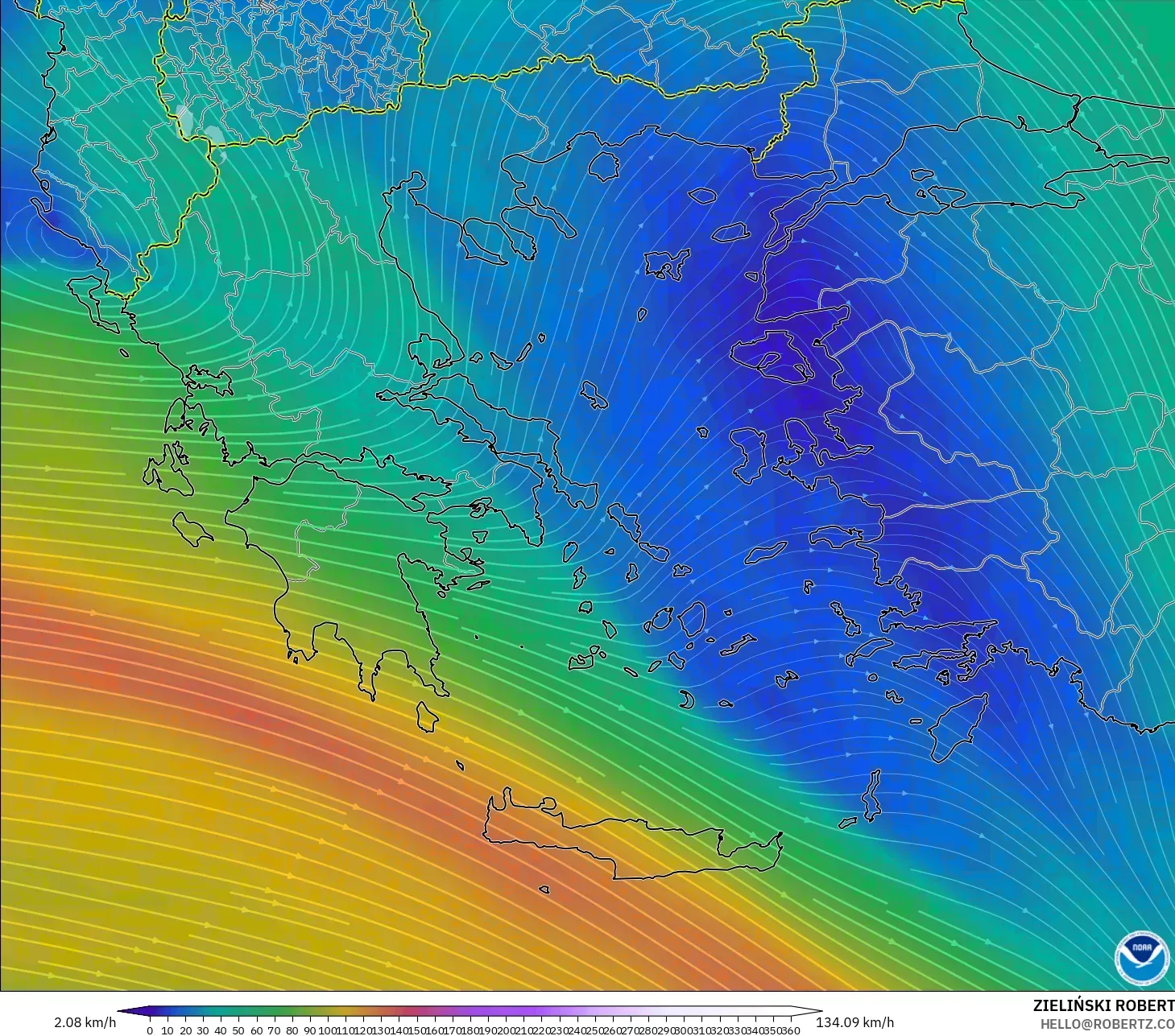 GFS model - Greece, Wind at 300hPa (jet stream)