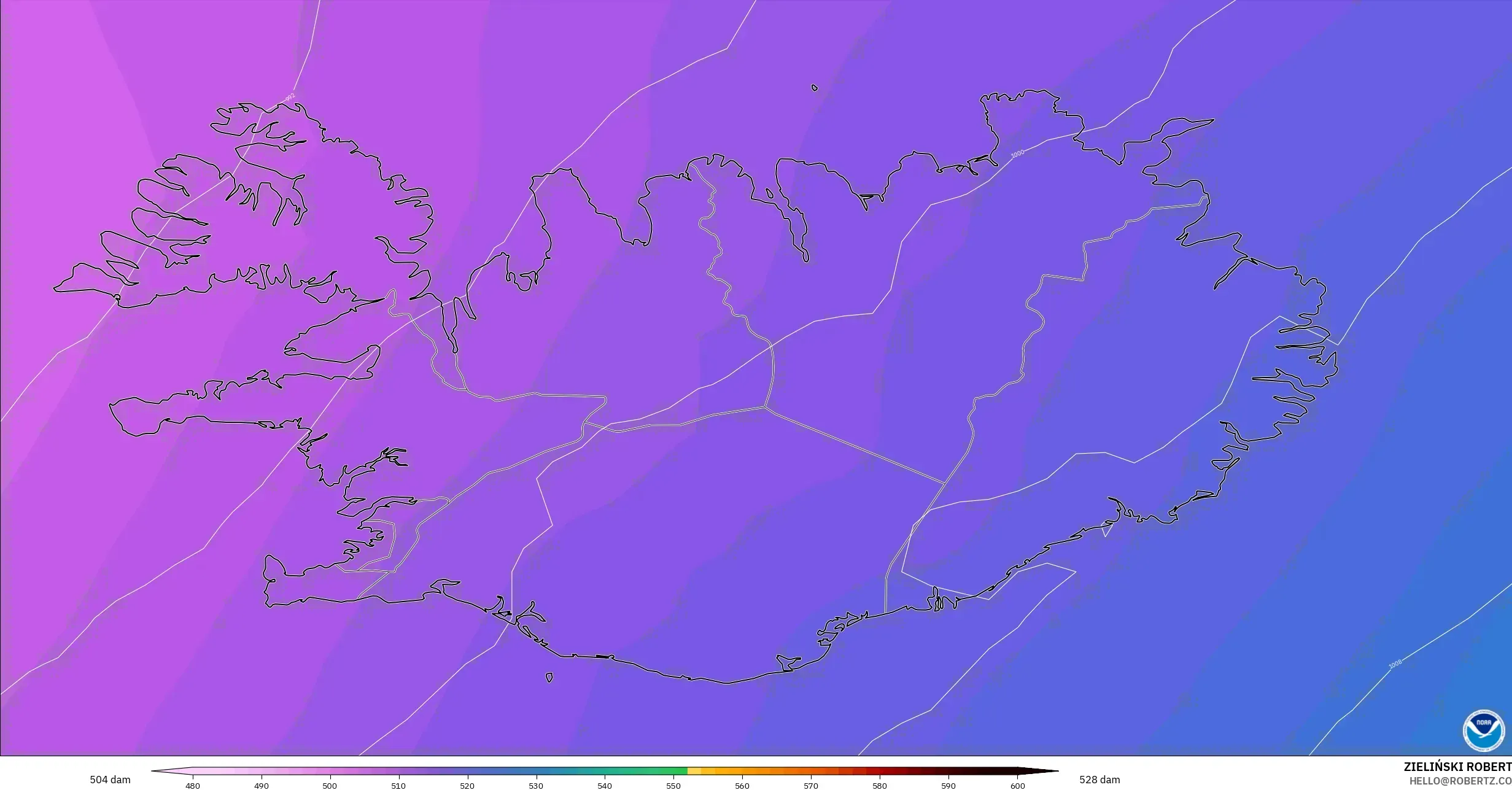 GFS model - Iceland, Geopotential height at 500hPa