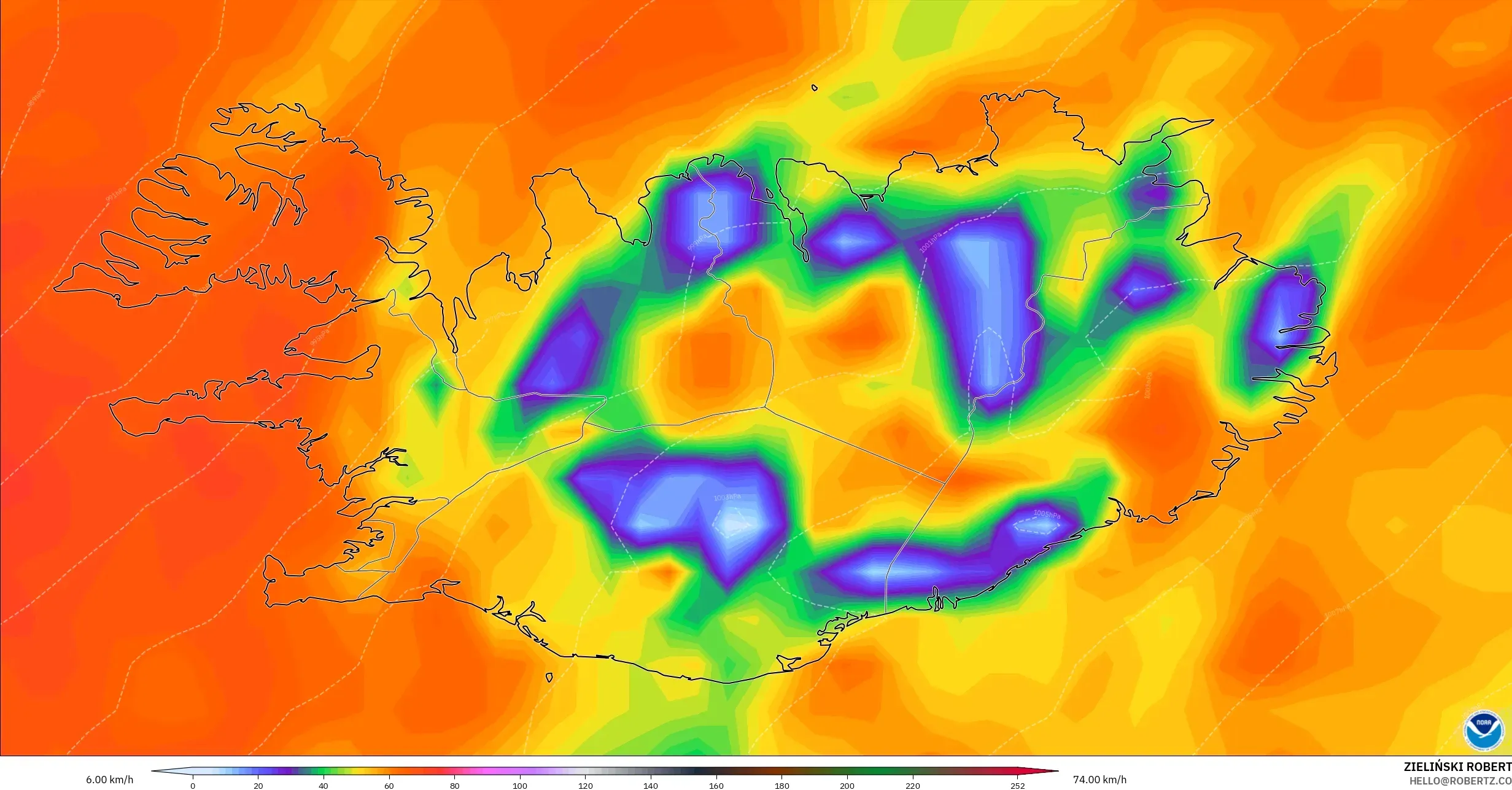 GFS model - Iceland, Wind Gusts Peak