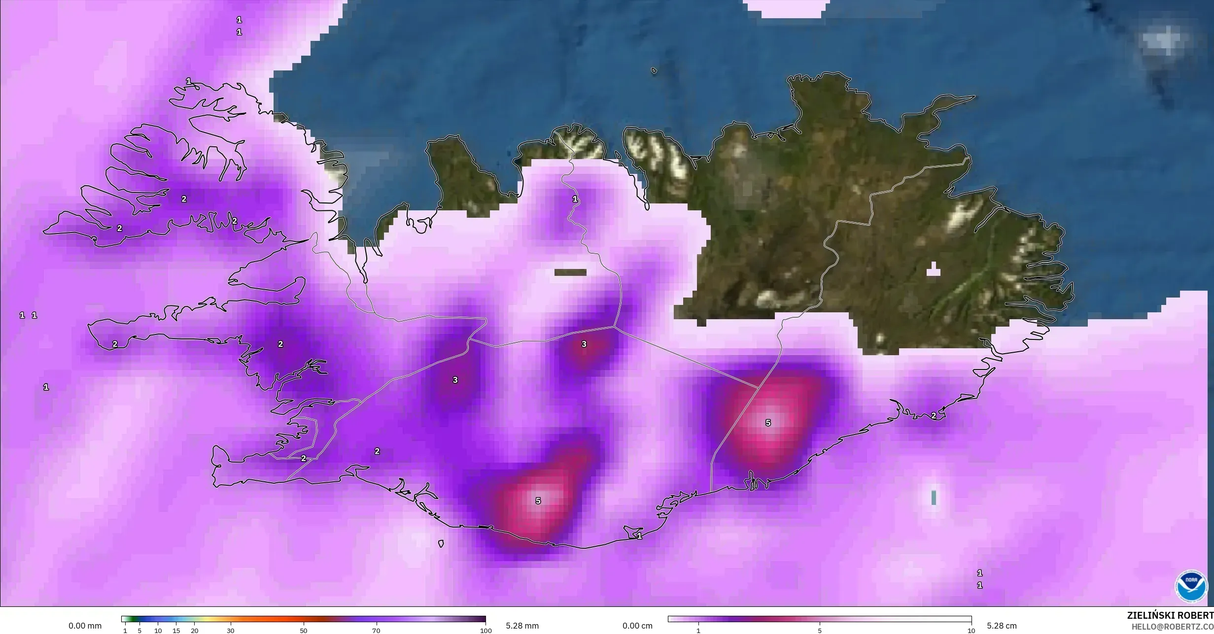 GFS model - Iceland, Precipitation, Clouds, and Pressure