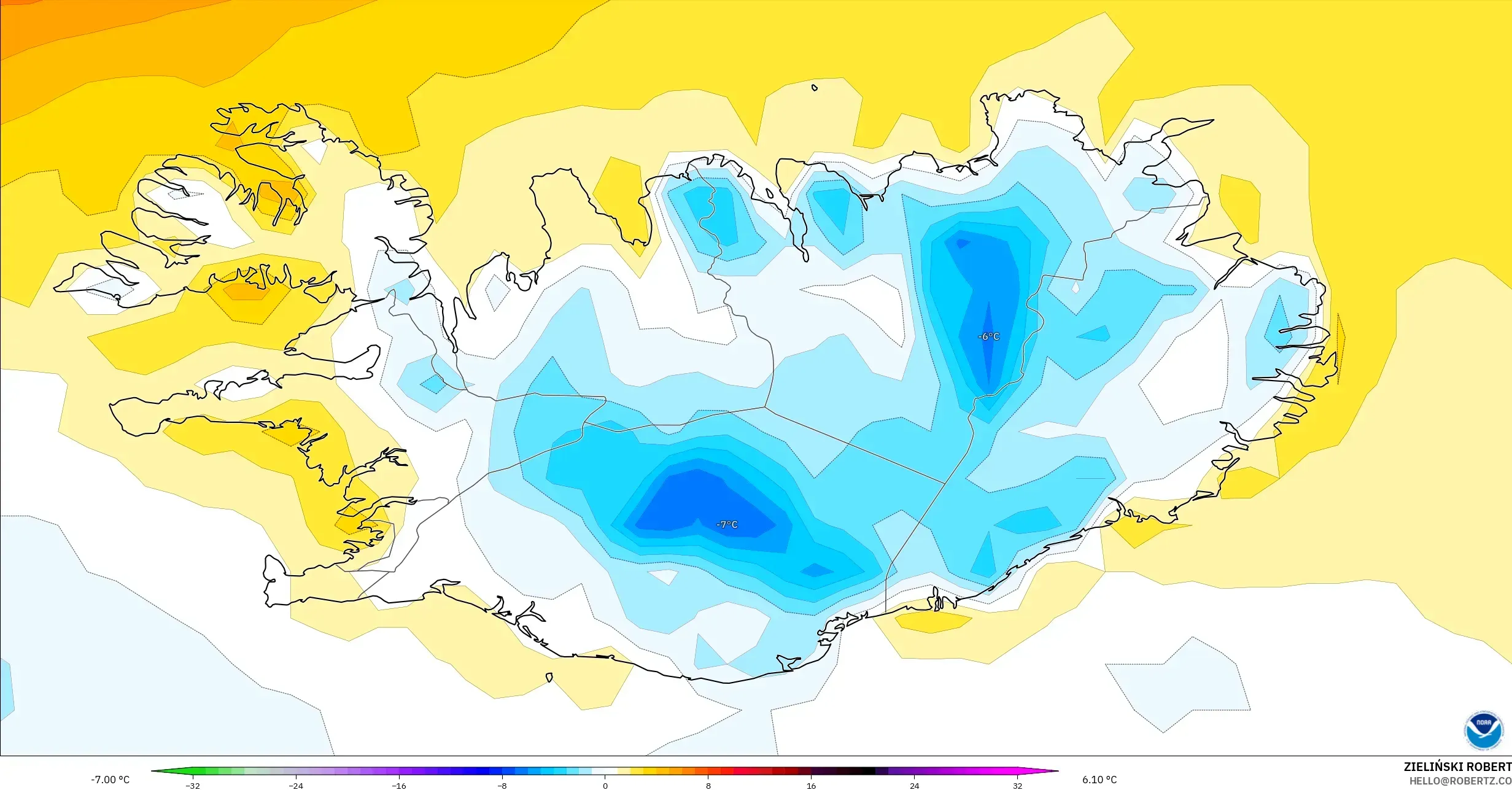 GFS model - Iceland, Temperature at 2m Anomaly