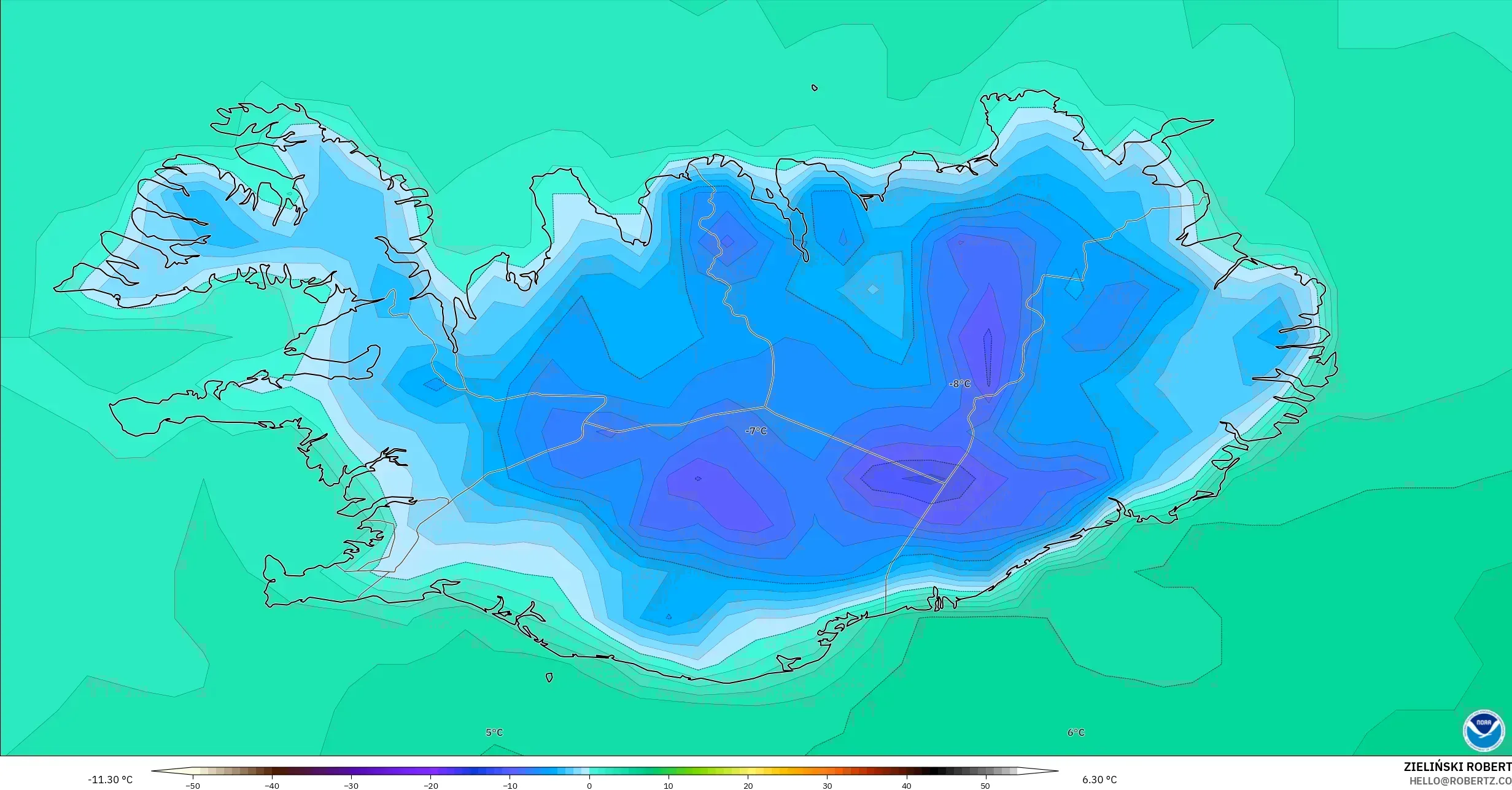 GFS model - Iceland, Temperature at 2m