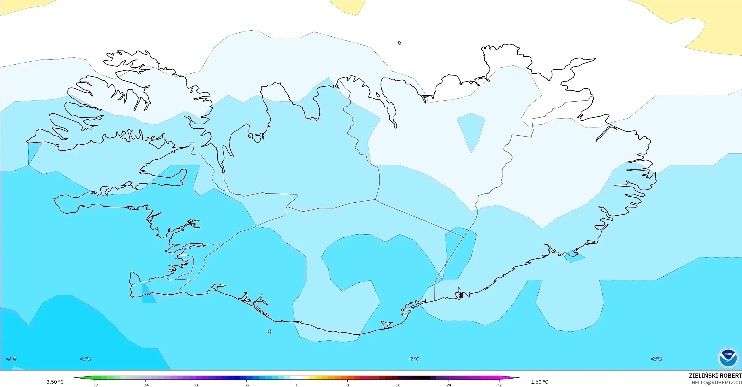 GFS model - Iceland, Temperature at 850hPa Anomaly