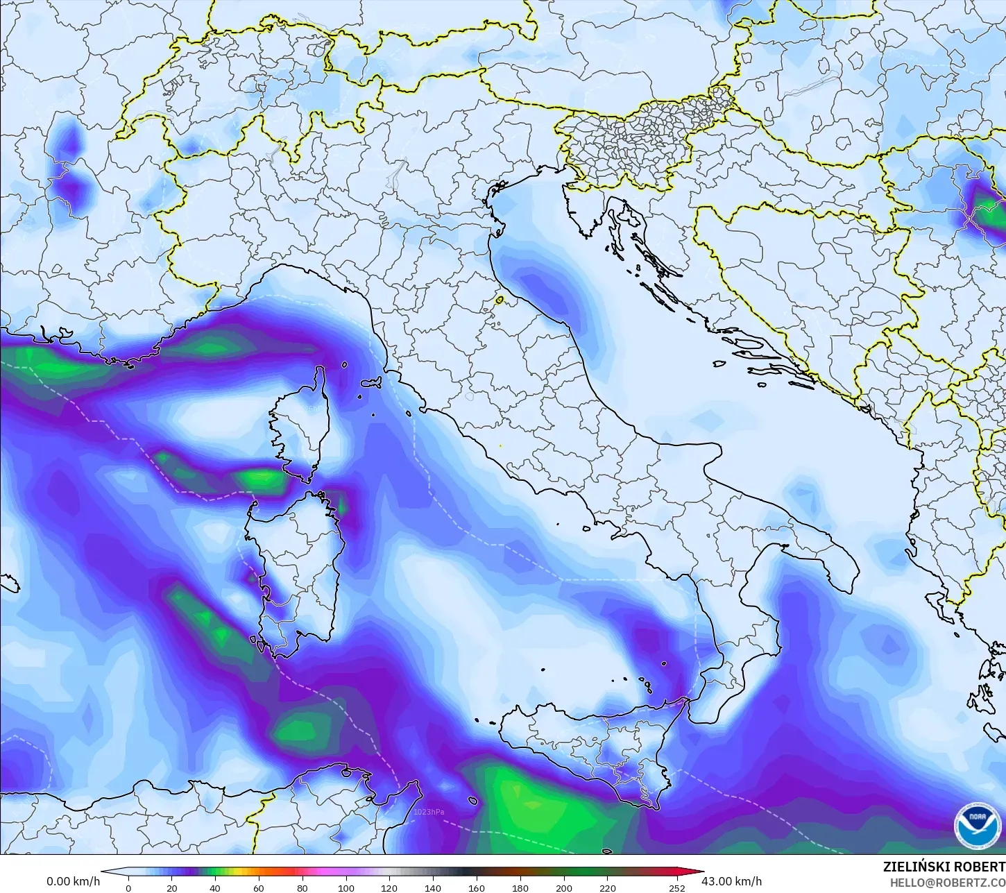 GFS model - Italy, Wind Gusts Peak